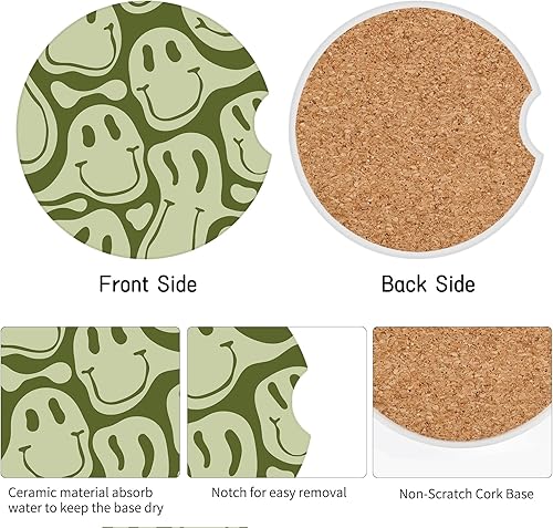 Miniatura 3 de Watbro Posavasos para automóvil, morados sonrientes, absorbentes, paquete de 2 para portavasos con muesca para los dedos, cerámica de 2.56 pulgadas,