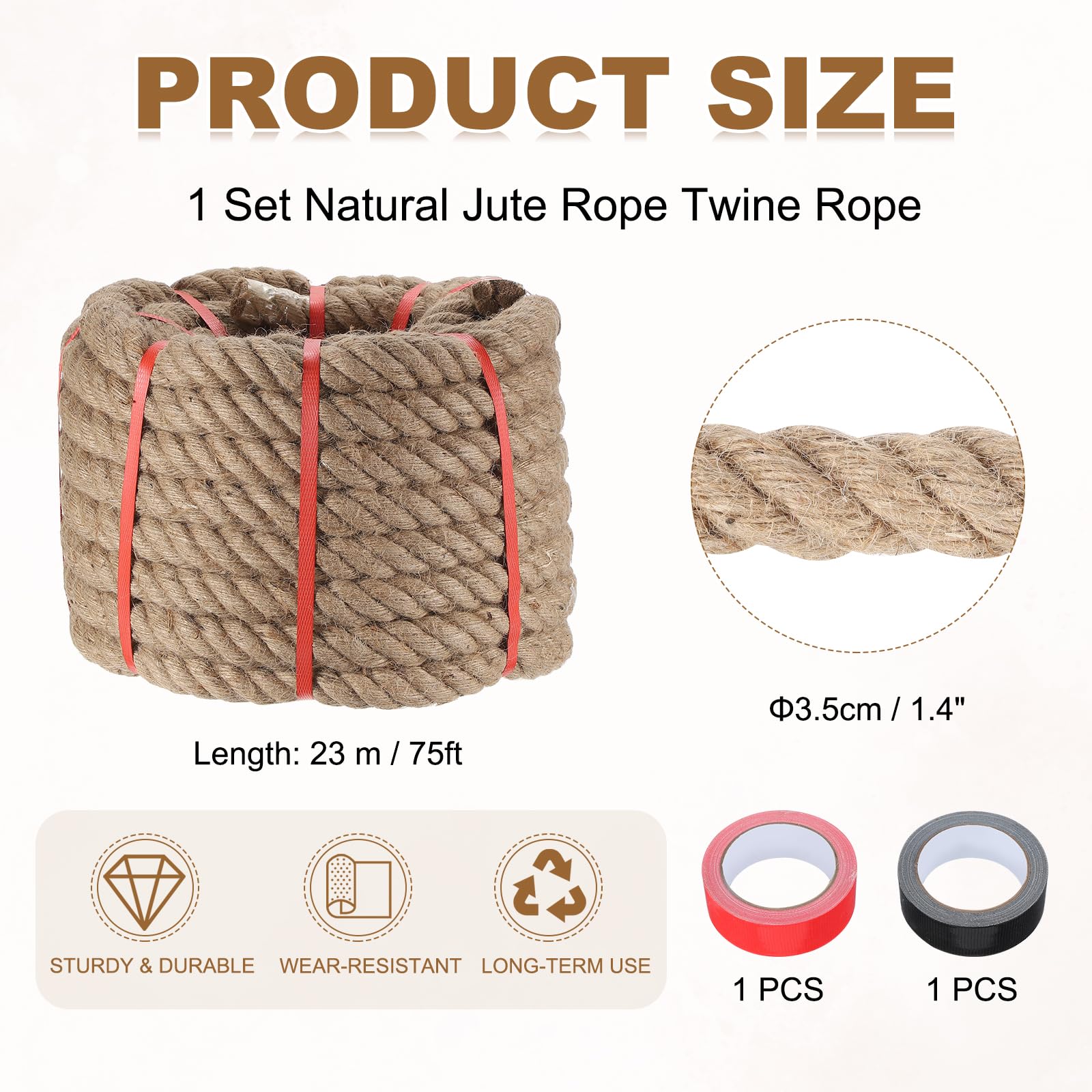 QUARKZMAN Corde De Jute 1.4 Pouce x 75 Pieds, Corde Tressée Épaisse Naturelle Lourde avec 2 Rouleaux De Ruban, pour Artisanat Balustrade Quai Tir À La Corde Balançoire Nautique