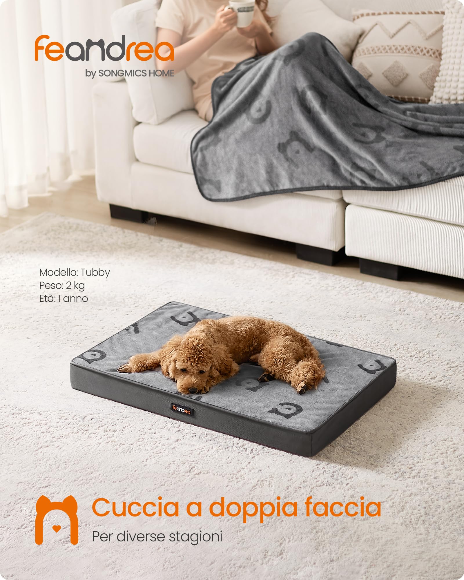 Feandrea Cuccia per Cani, Lettino per Animali, Gommapiuma Preformata Ondulata, con Maniglia, Sfoderabile, Uso a Doppio Lato, Impermeabile, Taglia M, 76 x 51 x 8 cm, Grigio Tortora PGW241G01