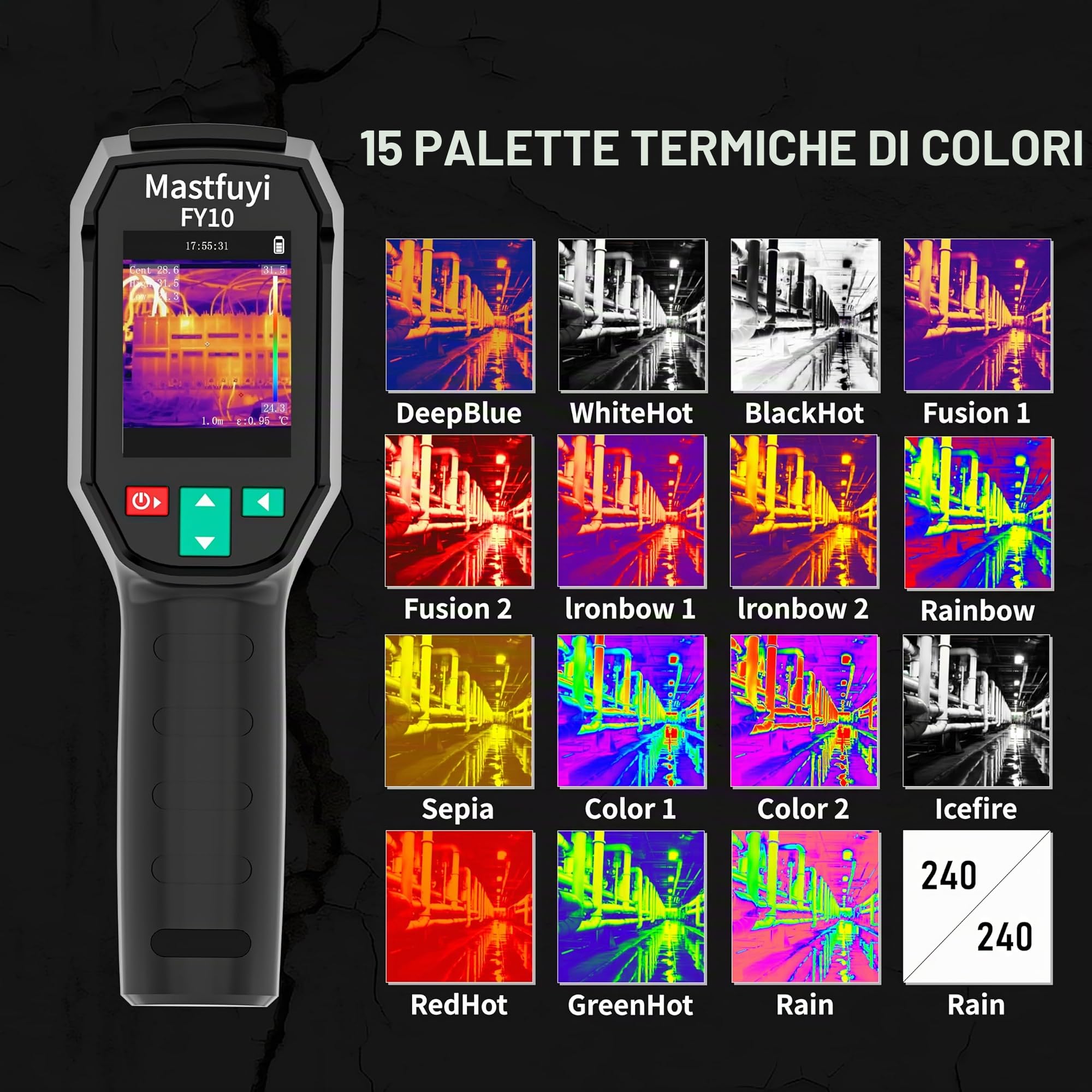 Termocamera, termocamera a infrarossi -20℃~550℃, risoluzione IR 96 x 96, 25 Hz, campo visivo 50°, TFT-LCD da 2,4 pollici, batteria da 8 ore per ispezioni industriali, elettricità e antincendio
