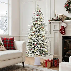 GOOBED 6ft Potted Pre-Lit Flocked Arctic Fir Pencil Christmas Tree with 520 PE & PVC Branch Tips, 150 LED Lights, 15 Artificial Berries, Slim Potted Christmas Tree for Home, Porch, or Living Room