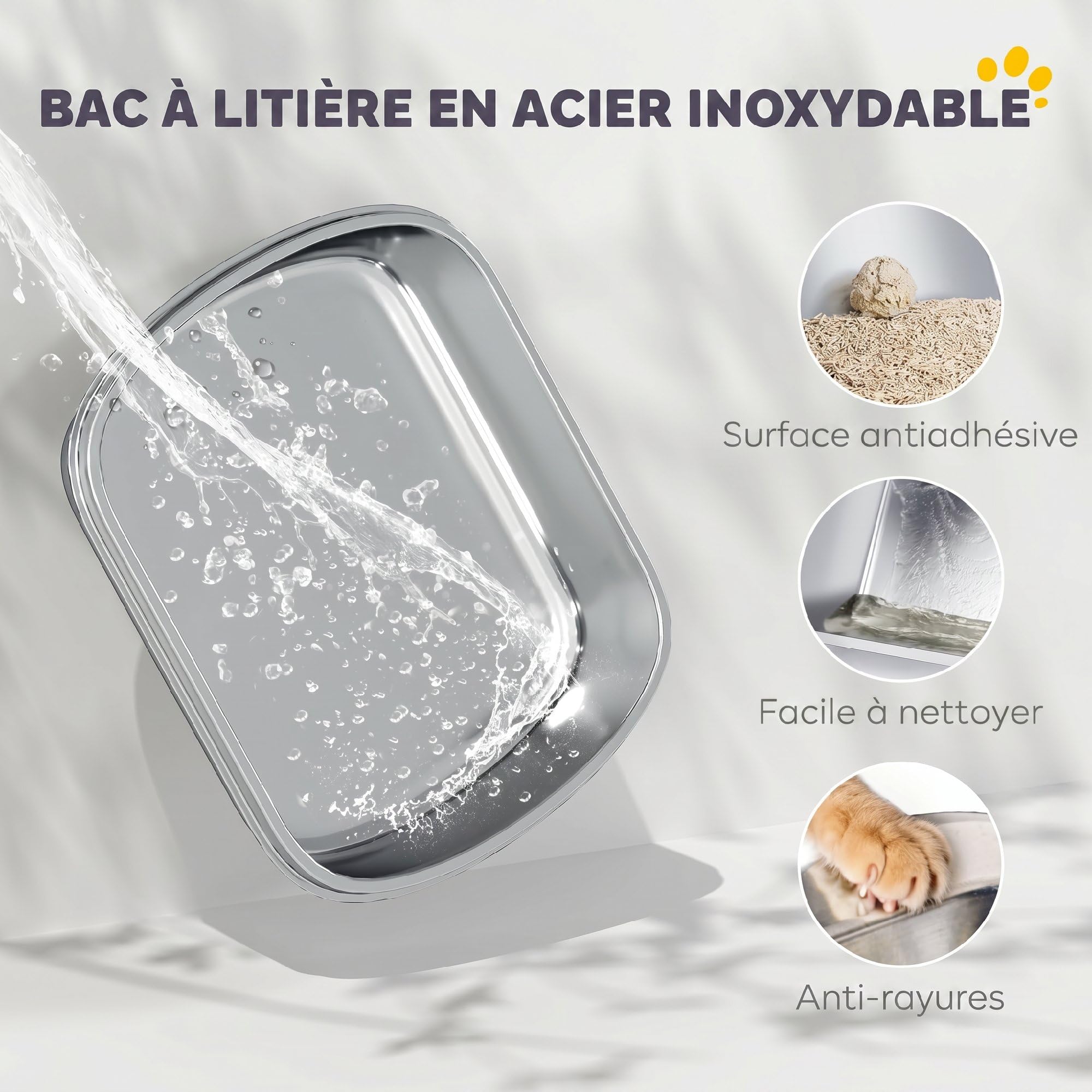 PawHut Bac à Litière pour Chat en Acier Inoxydable XL avec Couvercle Blanc