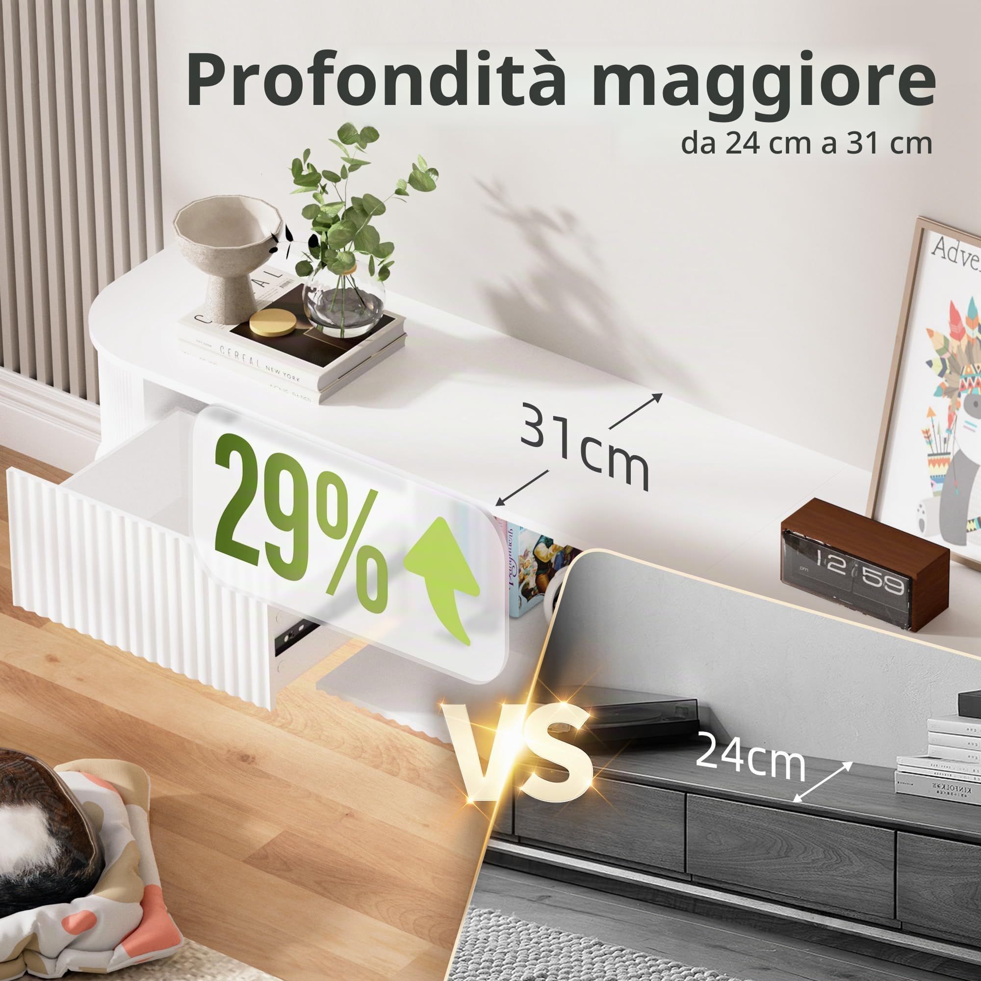 Mobile TV Sospeso con Luce LED – Mobile TV a Parete da 140CM con Archiviazione Migliorata & Bordi Arrotondati, Consolle Multimediale TV Moderna per TV da 65-75 Pollici