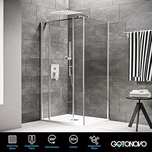 Miniatura 3 de gotonovo Juego de grifo de ducha de montaje en techo, cabezal de ducha cuadrado de 12 pulgadas, sistema de ducha de lluvia de níquel cepillado,