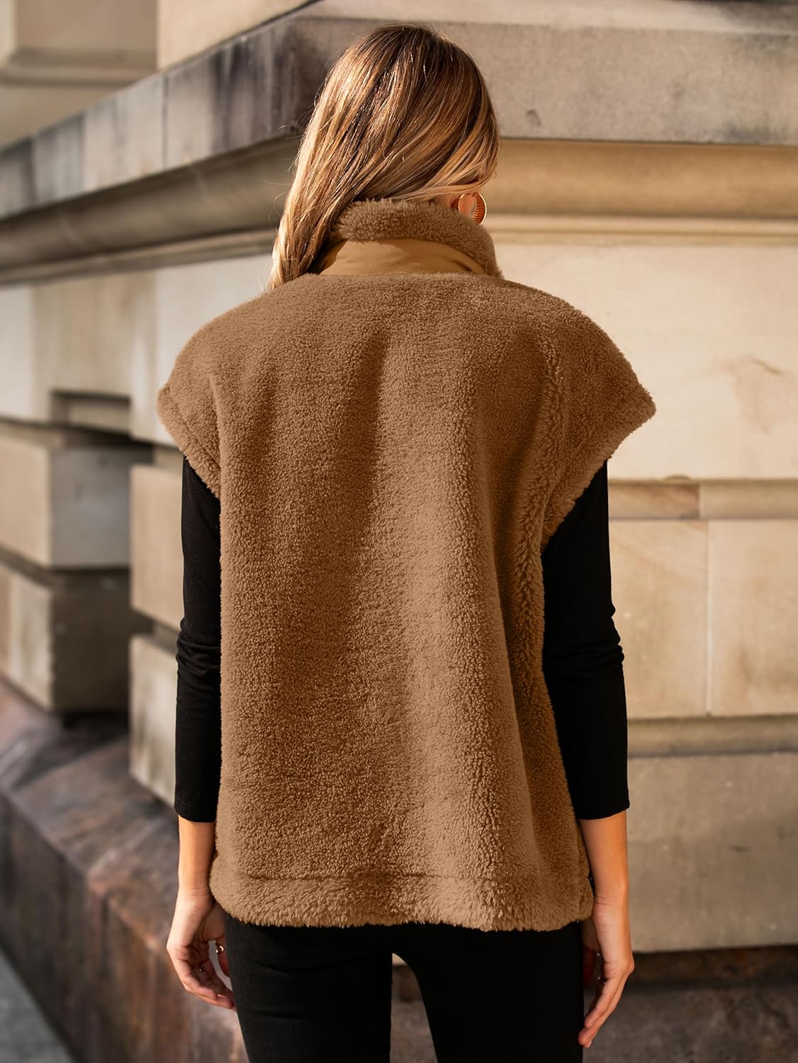 Glamaker Womens Fuzzy Fleece Vest Casual Loose Sherpa Vest Faux Fur Button Down Sleeveless Jacket Coat Outerwear - Image 4