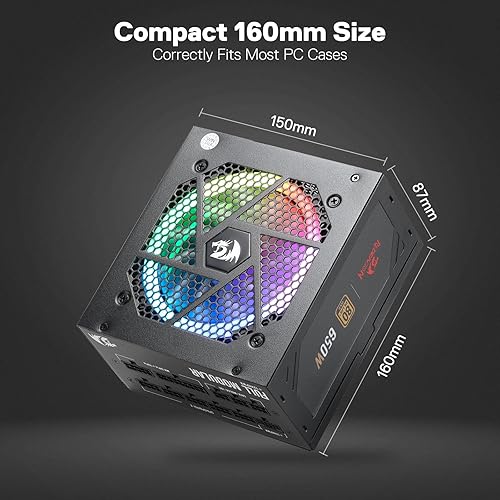 Miniatura 5 de Redragon RGPS-650W 80+ Gold Fuente de alimentación ATX totalmente modular de 650 vatios con certificado 80 Plus Gold, tamaño compacto de 6.299 in y