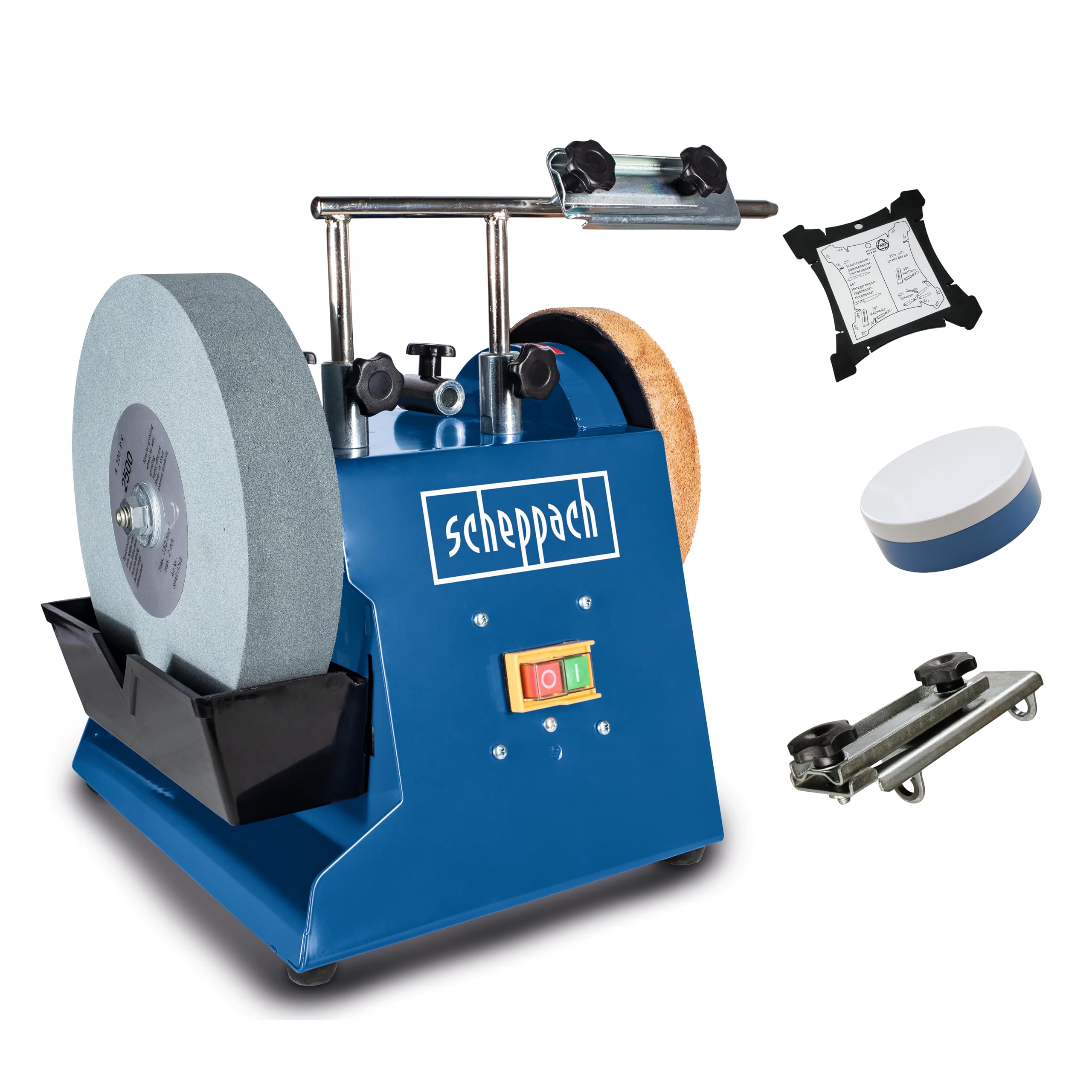 Scheppach Affûteuse à Eau TIGER2500S| Moteur à induction 200W | Meule en corindon supérieur Ø250mm | Dispositif pour outils standard droits | Pâte à poncer | Disque à poncer | Gabarit d'angle