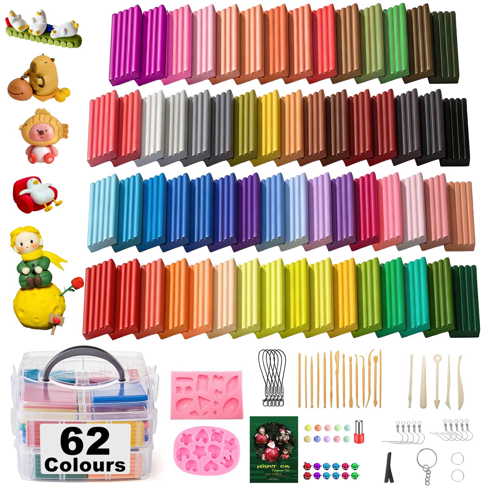Set di argilla polimerica, 62 colori, per modellare il fai da te, 20 g, kit di argilla morbida, 19 strumenti, 14 accessori e 2 stampi in silicone, non stick, non tossico, ideale come regalo per