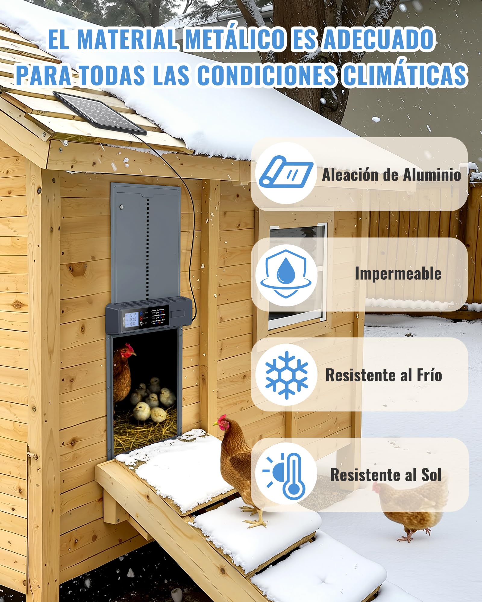Puerta Gallinero Automatica XL Panel Solar 3W Aluminio Gris Antipinzamiento