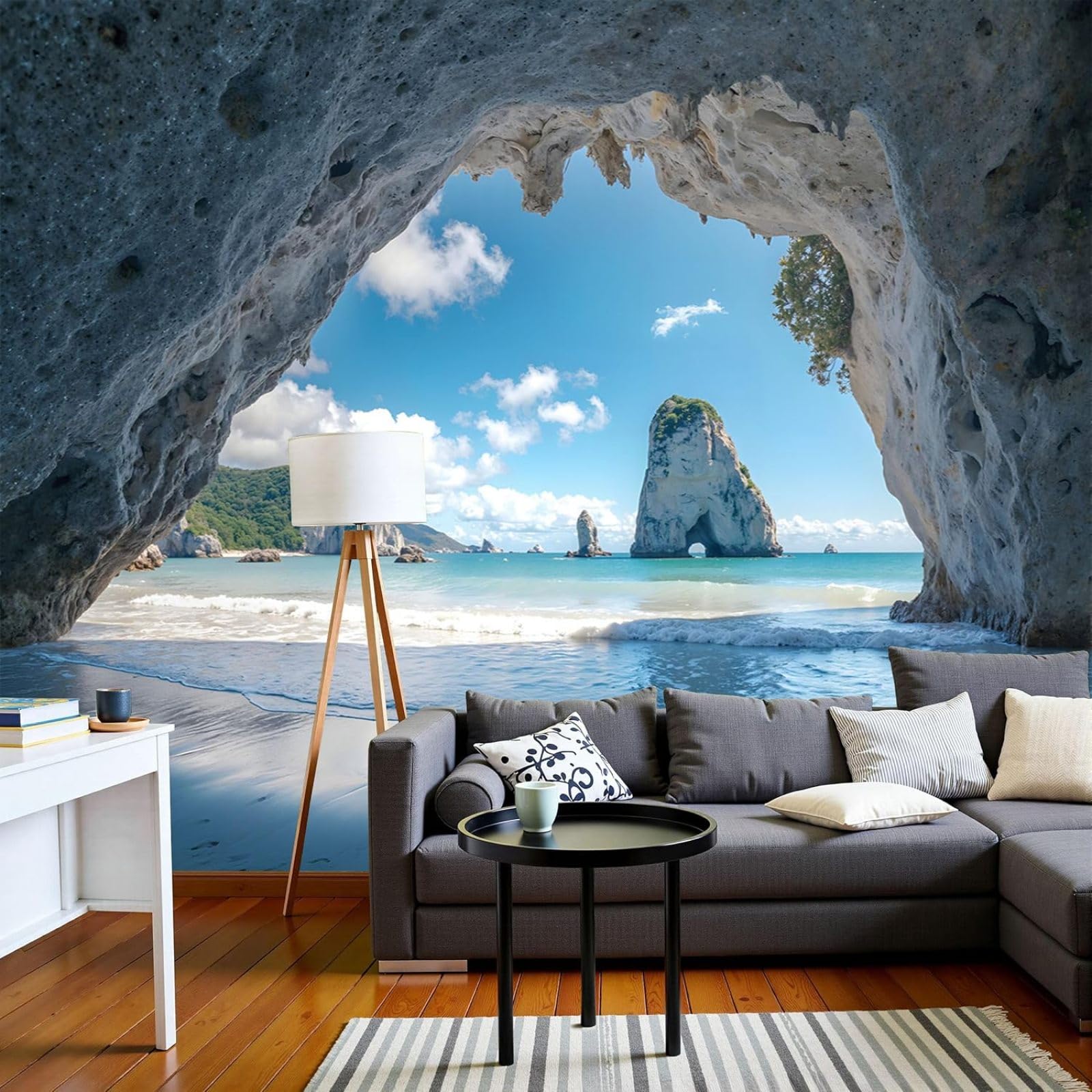 Photo wallpaper beach outside cave natural rocky peaks non-woven modern wall mural living room bedroom blue XL wall decoration motif wallpaper, 400cm x 280cm stickers - frameless painting - poster