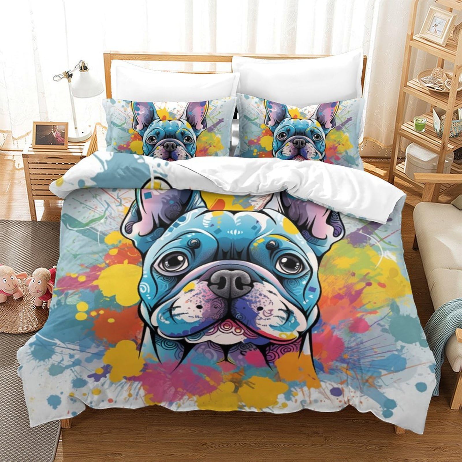 Housse de couette bouledogue français 220x240 cm en microfibre avec taie d'oreiller