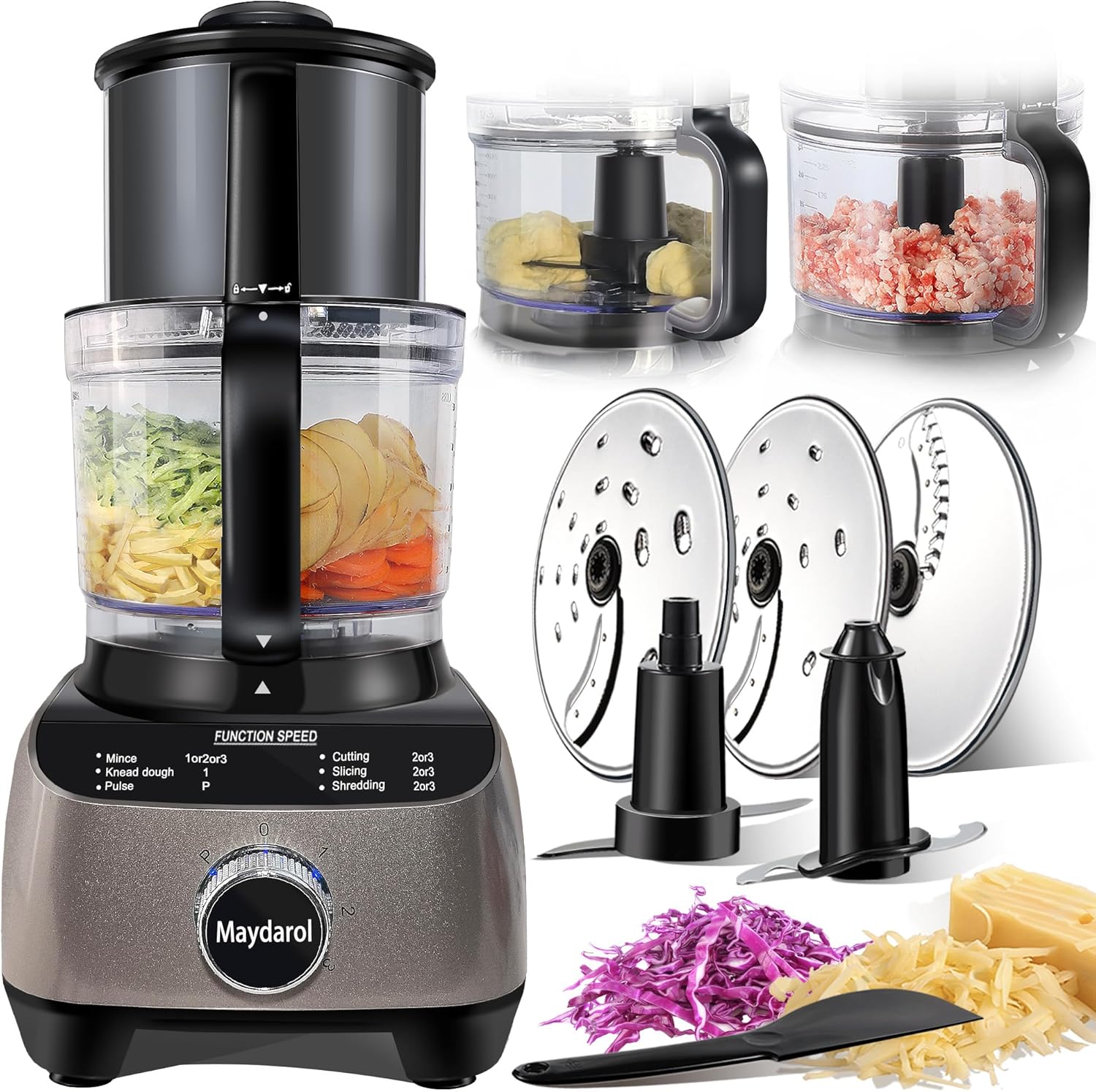 14 Cup Food Processor, French-Fry-Cutter, Blending, Mixing, Shredding, and Slicing, Meat and Vegetable Chopping, Doughing for Home Use, Mincing, and Pureeing,4 Speeds,600W 7 14cup