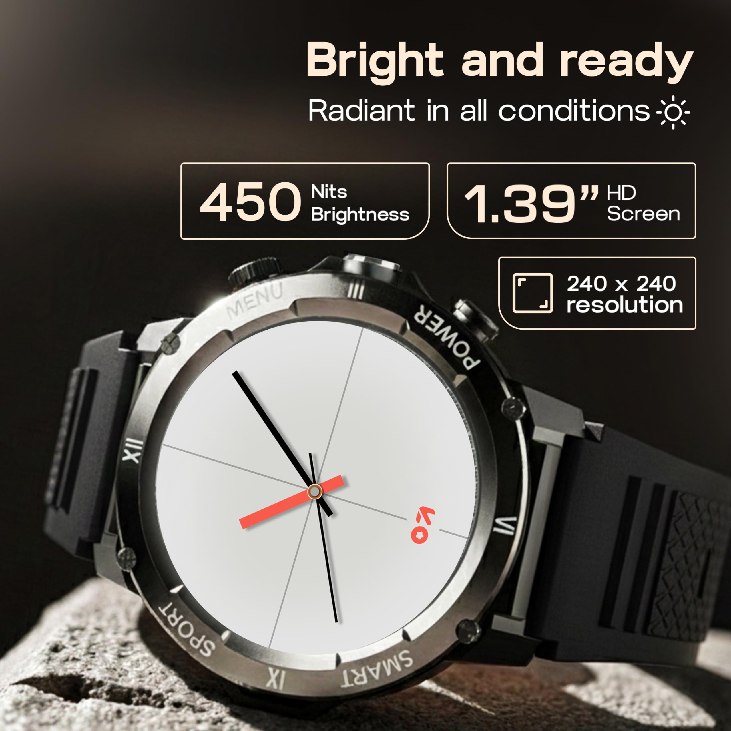 GOBOULT Newly Launched Tuff Hawk Smart Watch 1.39'' HD Display, BT Calling, Working Crown, 150+Watchfaces, 450 Nits Brightness, AI Voice Assistant, SpO2 Monitoring (Green) (Black) — Amazon image 3