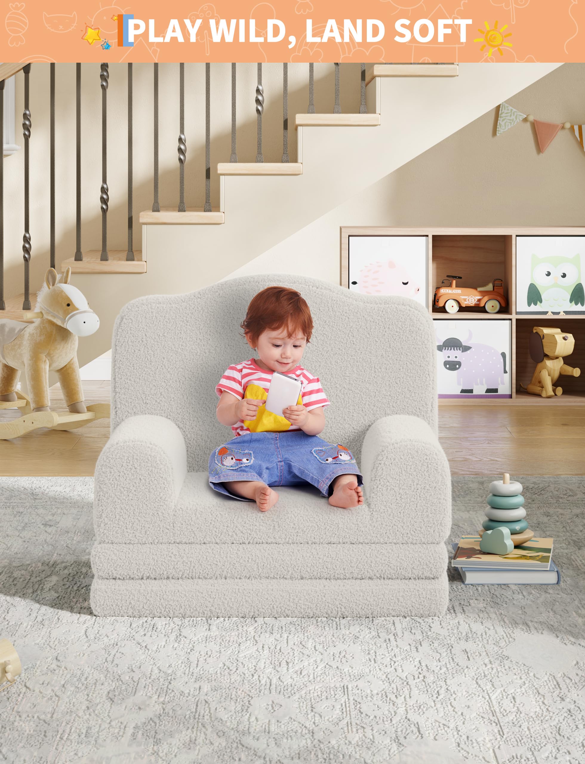 Fauteuil Enfant Convertible 1 Place,2 en 1 Canapé lit Convertible en Mousse Haute densité,Dossier Haut,Antidérapant,Chauffeuse Enfant lit Convertible pour Chambre,Salon(132x58x5cm,Beige)