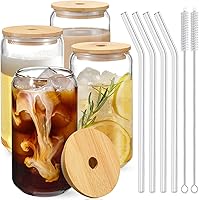 NETANY 16oz Iced Coffee Glasses with Bamboo Lids & Glass Straws - 4pc Set, Dishwasher Safe Tumblers for Tea, Beer, Aesthetic Home Bar Gift