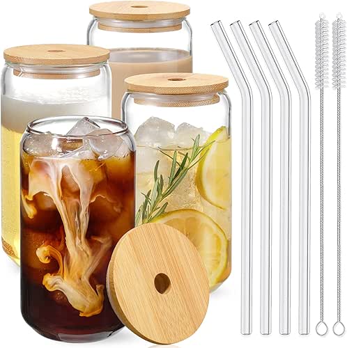 Drinking Glasses with Bamboo Lids and Glass Straw 4pcs Set