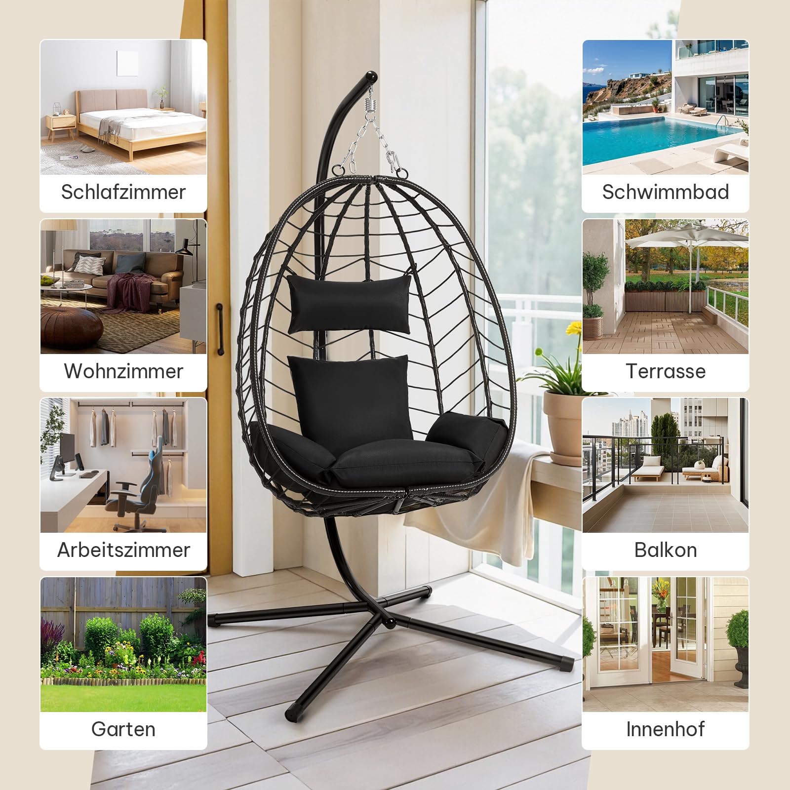 Laneetal Hängesessell mit Gestell Outdoor und Indoor, 150 kg Tragfähigkeit, PE-Rattan, Metallgestell, für Garten, Balkon, Terrasse, Wohnzimmer, 102 x 196 x 100 cm, Anthrazit