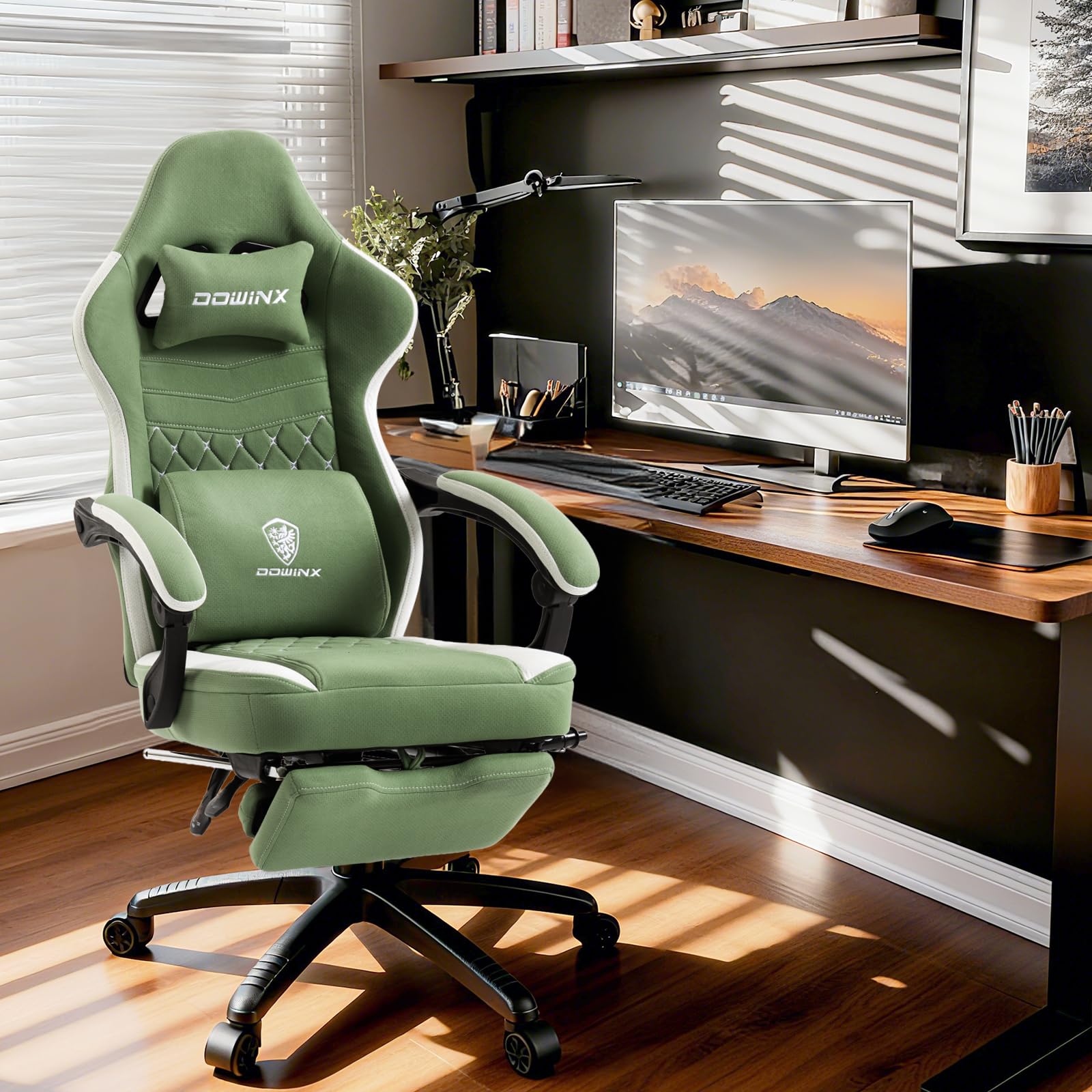 Dowinx Sedia Gaming con supporto lombare, Ampio Sedile Piatto Poltrona Gaming, Sedie Gaming Ergonomica con cuscinetto in gel e borse di stoccaggio Sedia Game, Poggiapiedi allungato/Verde chiaro