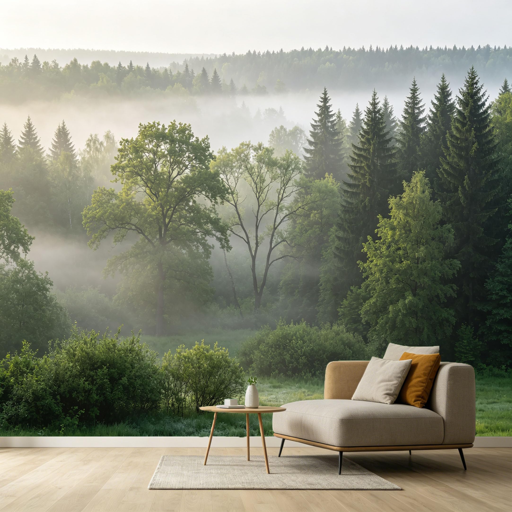 Custom Size Wall Murals Forest Landscape Misty Trees Meadow Self-Adhesive Wall Fabric Removable Wallpaper Wall for Living Room Bedroom Office Decor