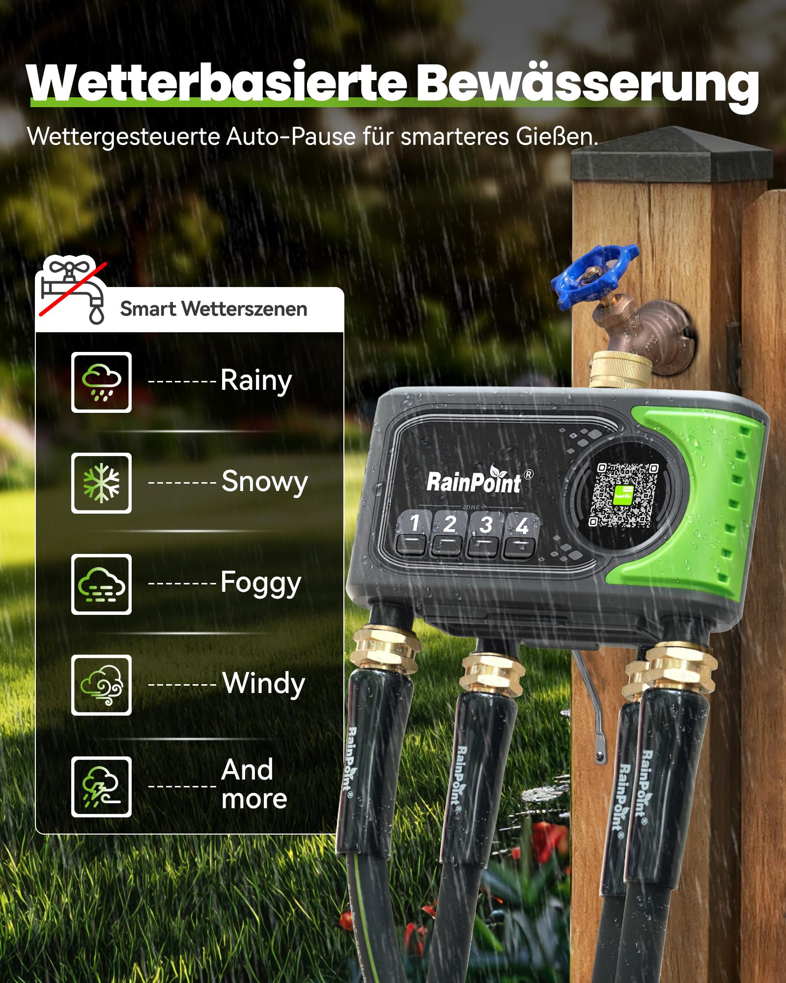 RAINPOINT Bewässerungscomputer WLAN mit 4 Ausgängen, Messing Ein- und Ausgang, Bewässerungsuhr 4 Zonen mit wetter- & bodenbasierter Steuerung, App- & Sprachsteuerung für Garten und Rasen