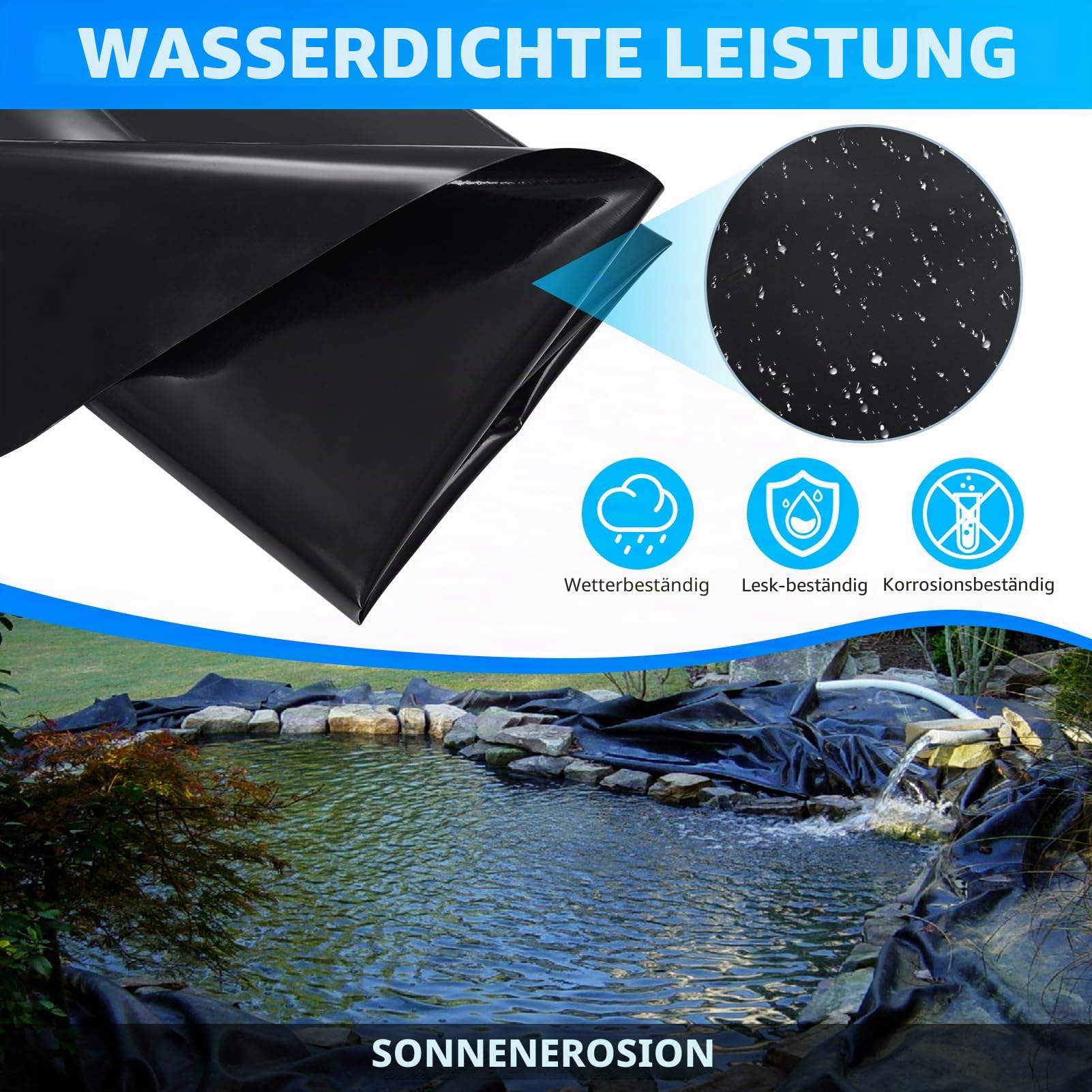 Teichfolie, 6x8m Teichwanne Stärke 0.5mm, Schwarz HDPE Teichfolien Schwerlast, Dichtungsfolie Teichmembran Schwimmteich Folie für Fischteiche/Brunnen/Wassergarten/Wasserfall/ Gartenteich/Teichbecken