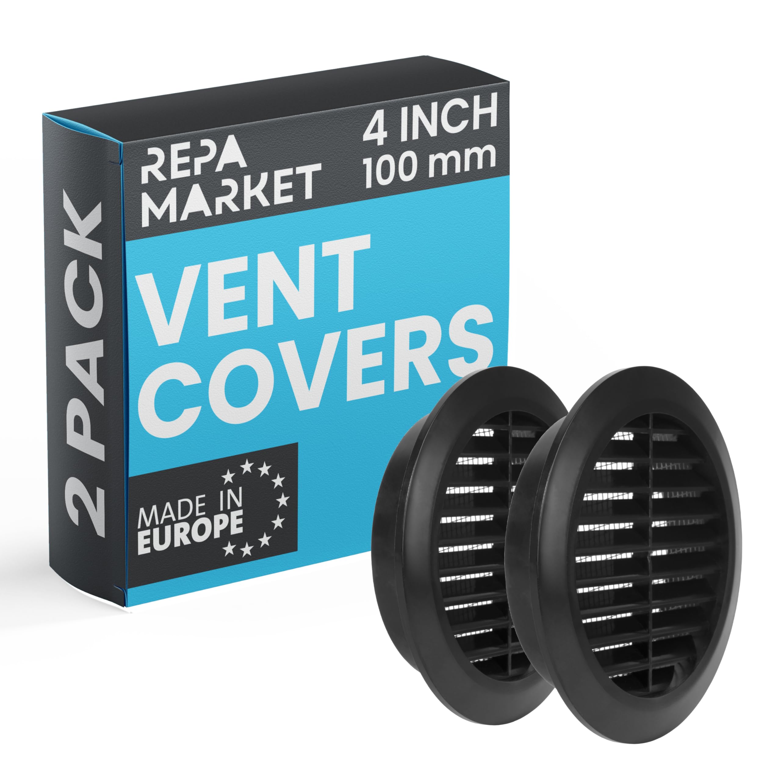 Repa Market 100mm Pack of 2 Black Vent Cover with Mesh Screen - Plastic Soffit Ventilation Grill - Louvered Vent for Indoor, Outdoor Wall Ducting - HVAC Louvre Grille for Kitchen, Bathroom