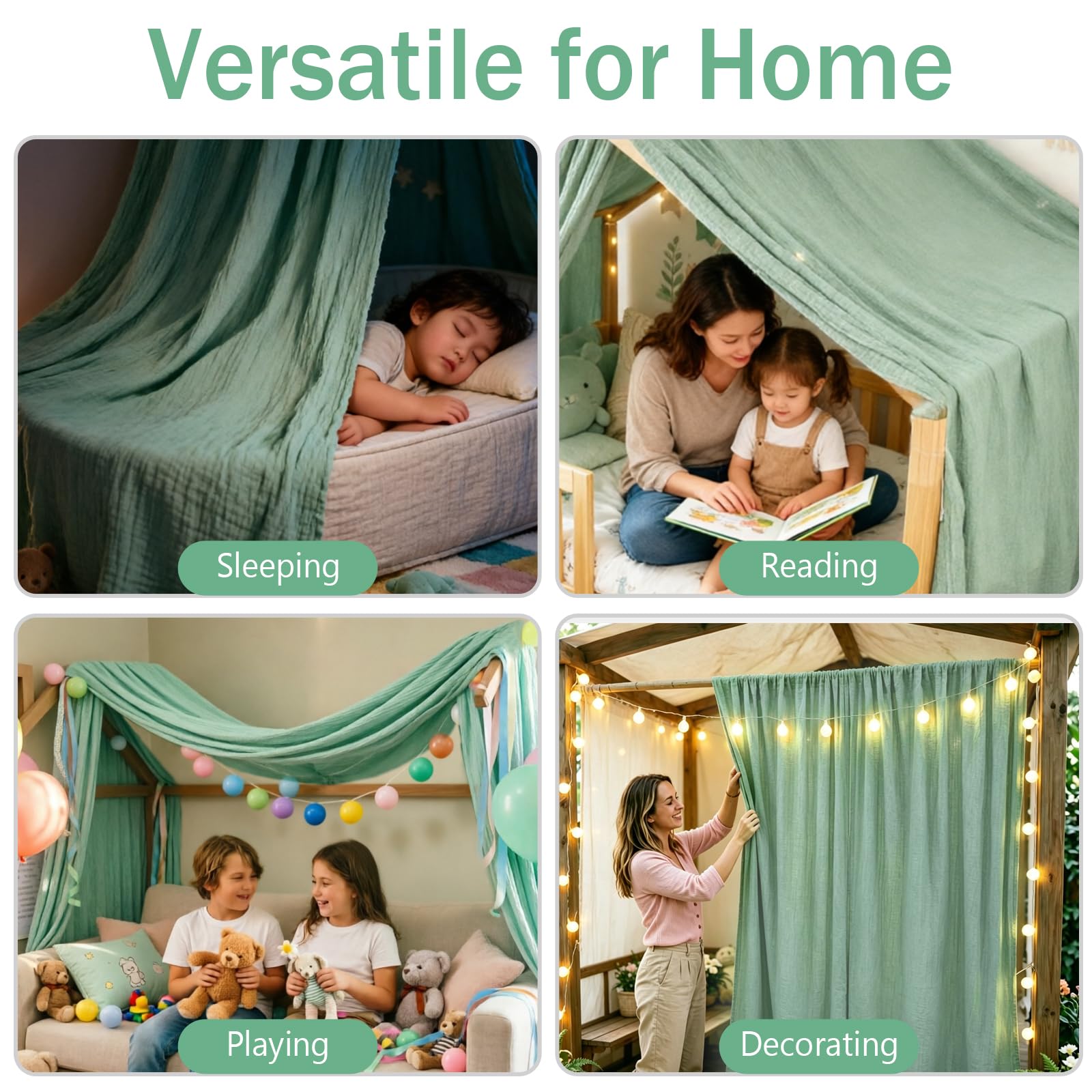 Baldachin aus 100% Baumwolle für Kinderzimmer Betthimmel für Hausbett & Kinderbett Himmelbett Vorhänge als Deko für Mädchen & Jungen platzsparend für kleine Räume (Grün, H360 x B135 cm(1er Pack))