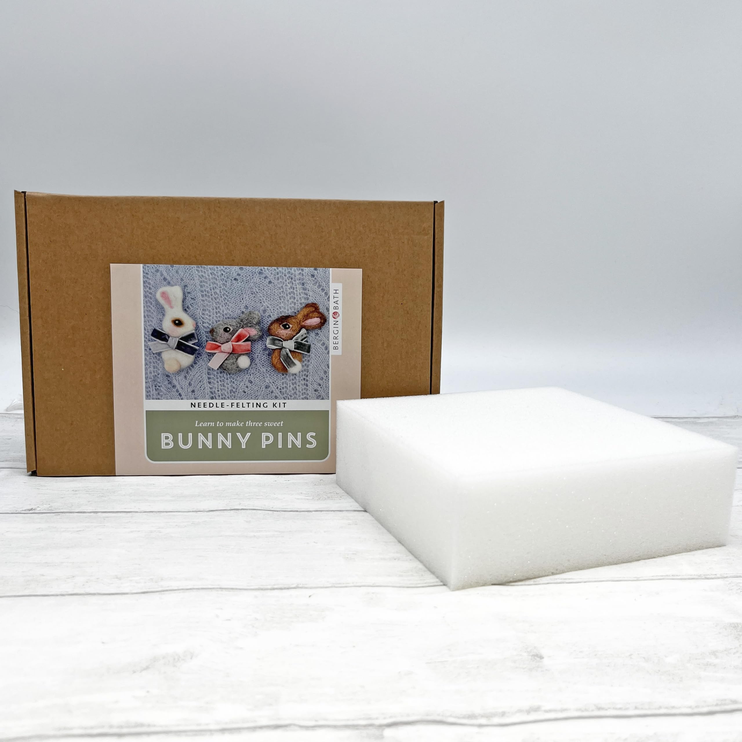 Bergin & Bath Multi Coloured Needle Felting Kit, Bunny Pins. Make Three Sweet Bunny Rabbit Brooches Using A Simple Flat Felting Technique. Craft Kit For Adults. (With Felting Mat)