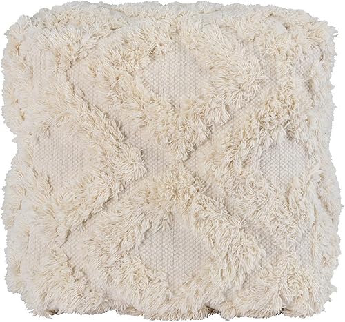 Miniatura 3 de Benjara - Puf de algodón de 24 pulgadas, tejido a mano, textura geométrica, color blanco roto