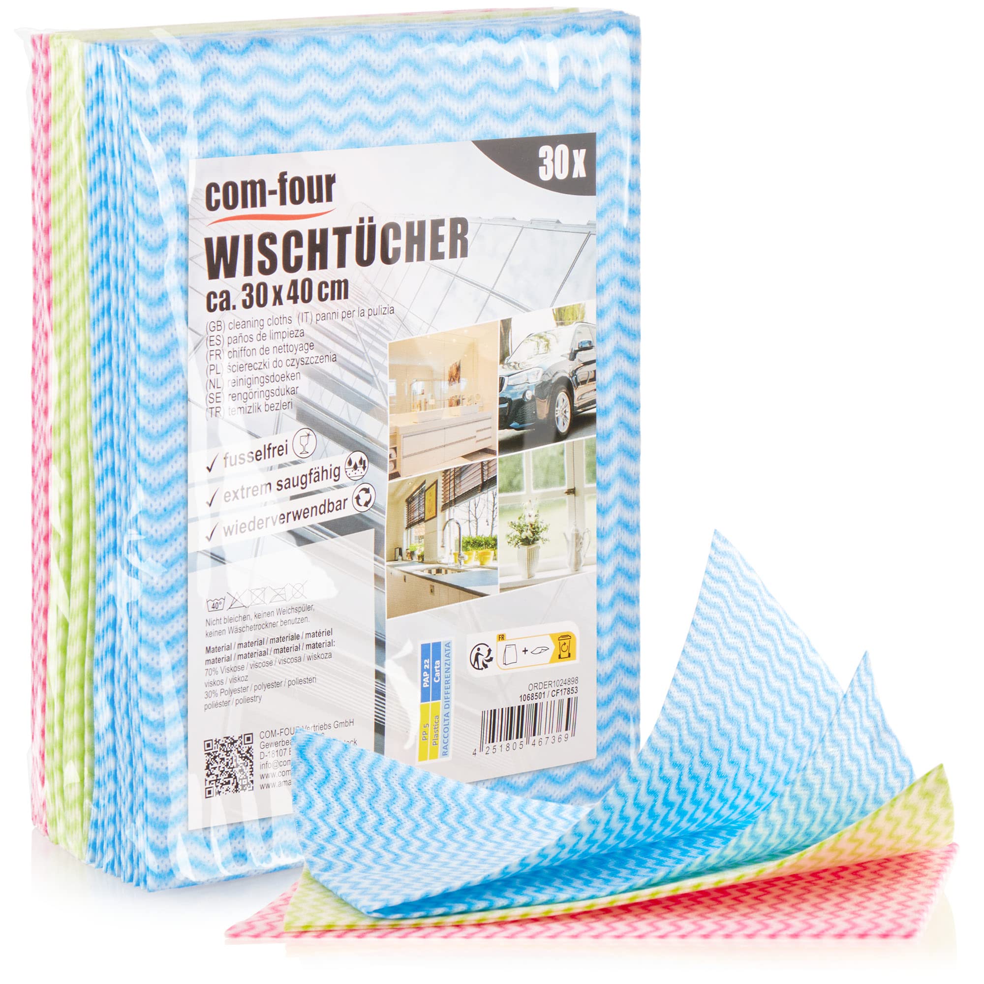 com-four® 30x Wischtuch - Wiederverwendbare Reinigungstücher für Küche, Bad und Haushalt - Mehrzweck-Lappen in 3 Farben - waschbares Putztuch (030 Blatt - 30x40cm - 3 Farben)