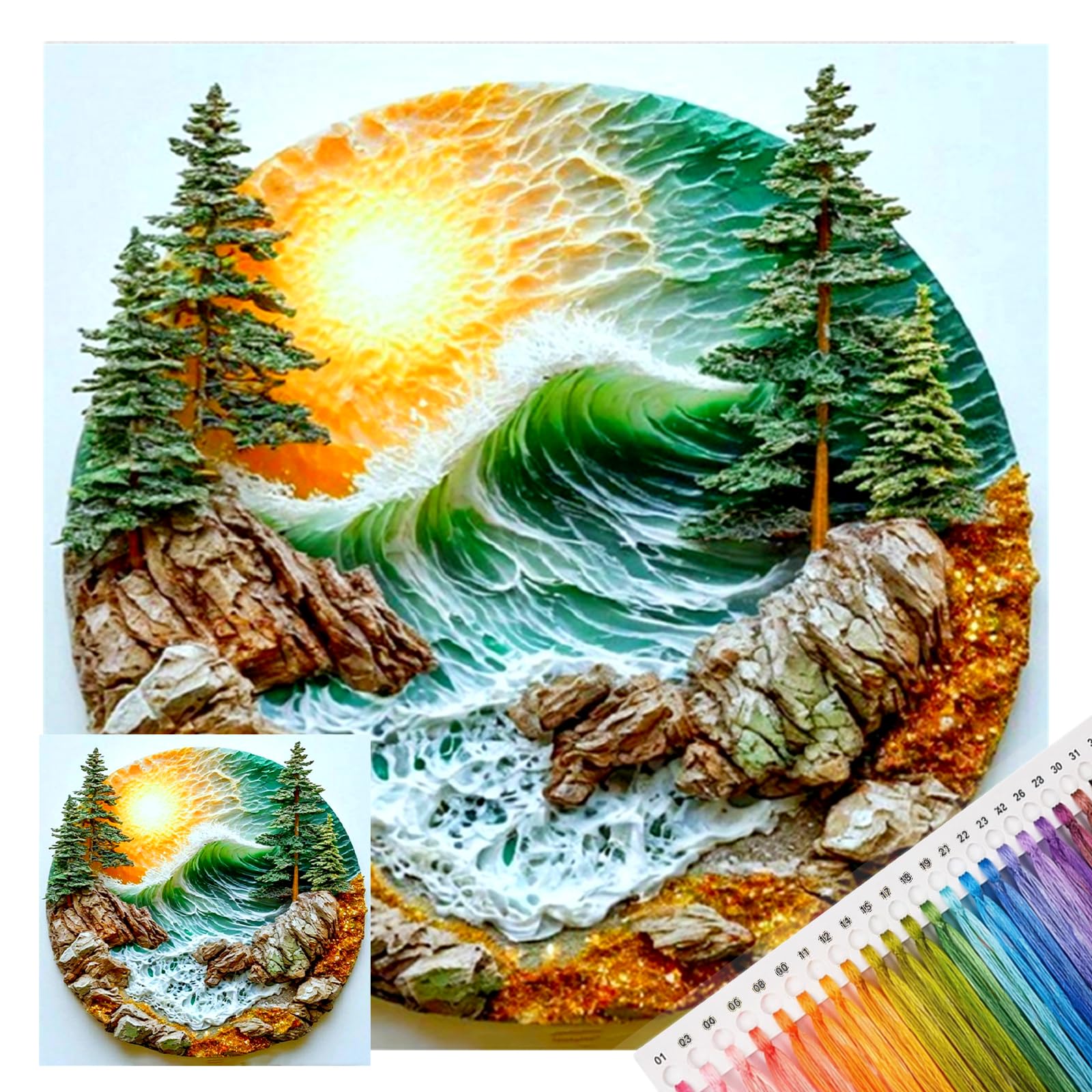 Poetrydraw Coastal Waves Resin Waves 14Ct 2 Strands Diy Embroidery Kit 11.81X11.81in Coastal Cross Stitch Art & Crafts For Beginners