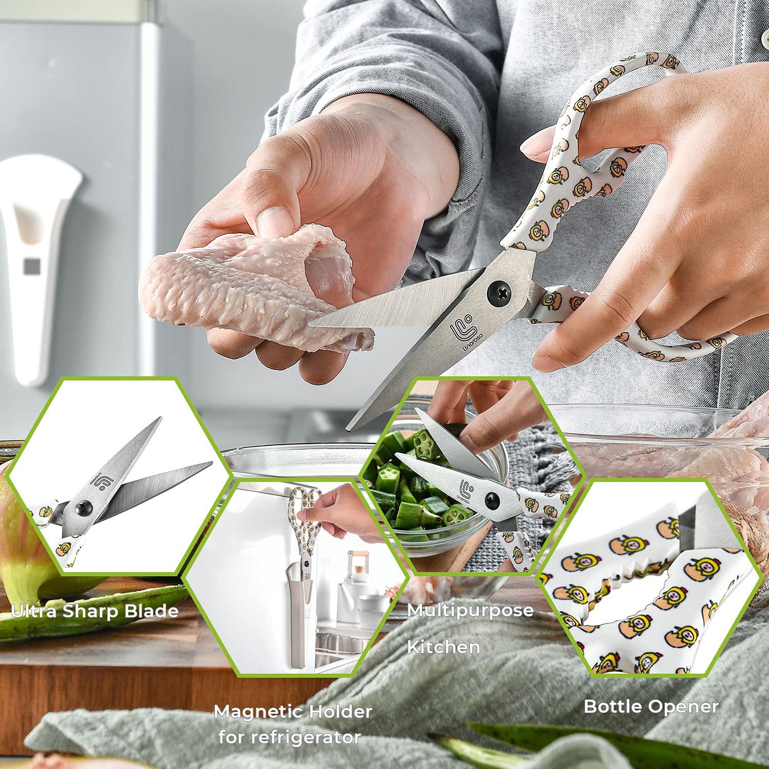 Linoroso Ciseaux de Cuisine Professionnel avec Couvercle Magnétique Ciseau Cuisine Multifonction Fabriqués en Acier Japonais 4034, Ultra Tranchants pour Viande Légumes Barbecue Herbes Pizza - Poulets