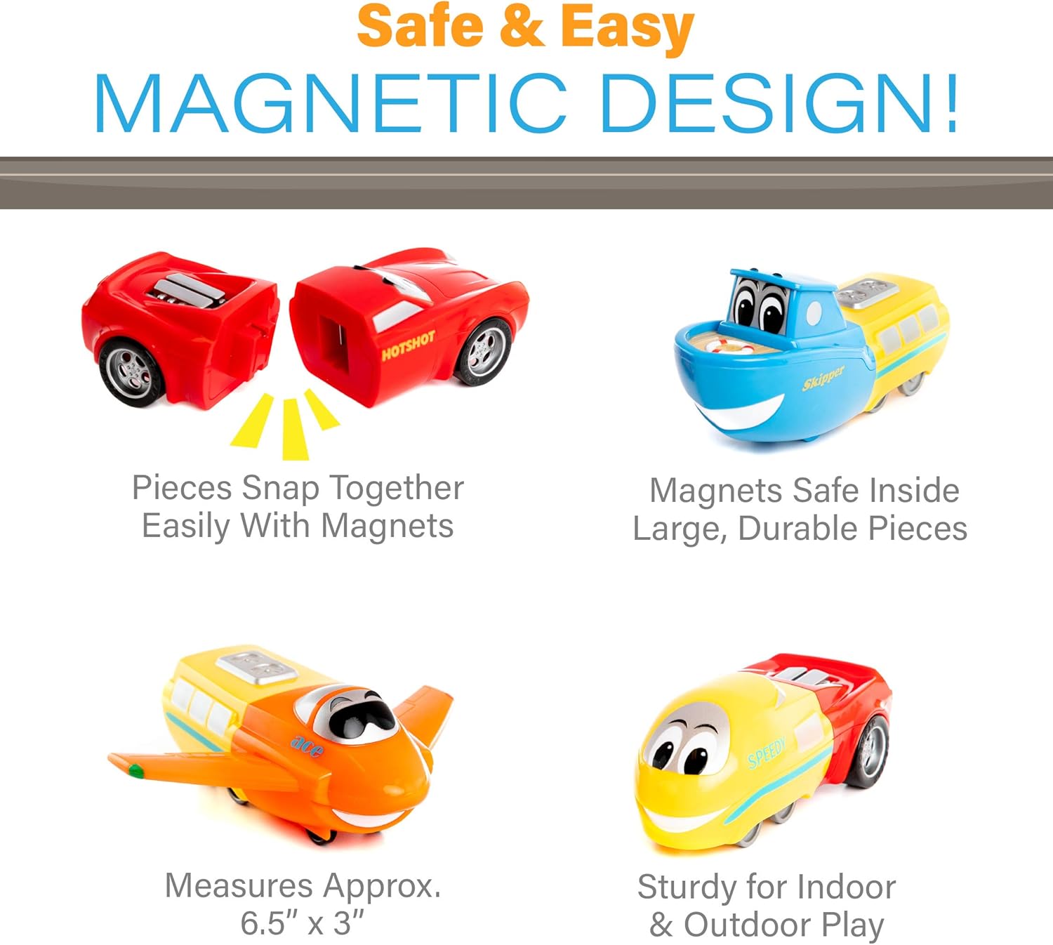 POPULAR PLAYTHINGS Magnetic Vehicles for Toddlers 1-3, Mix or Match Car Toys, Set of 4 Gift for Kids - Vehicles Junior