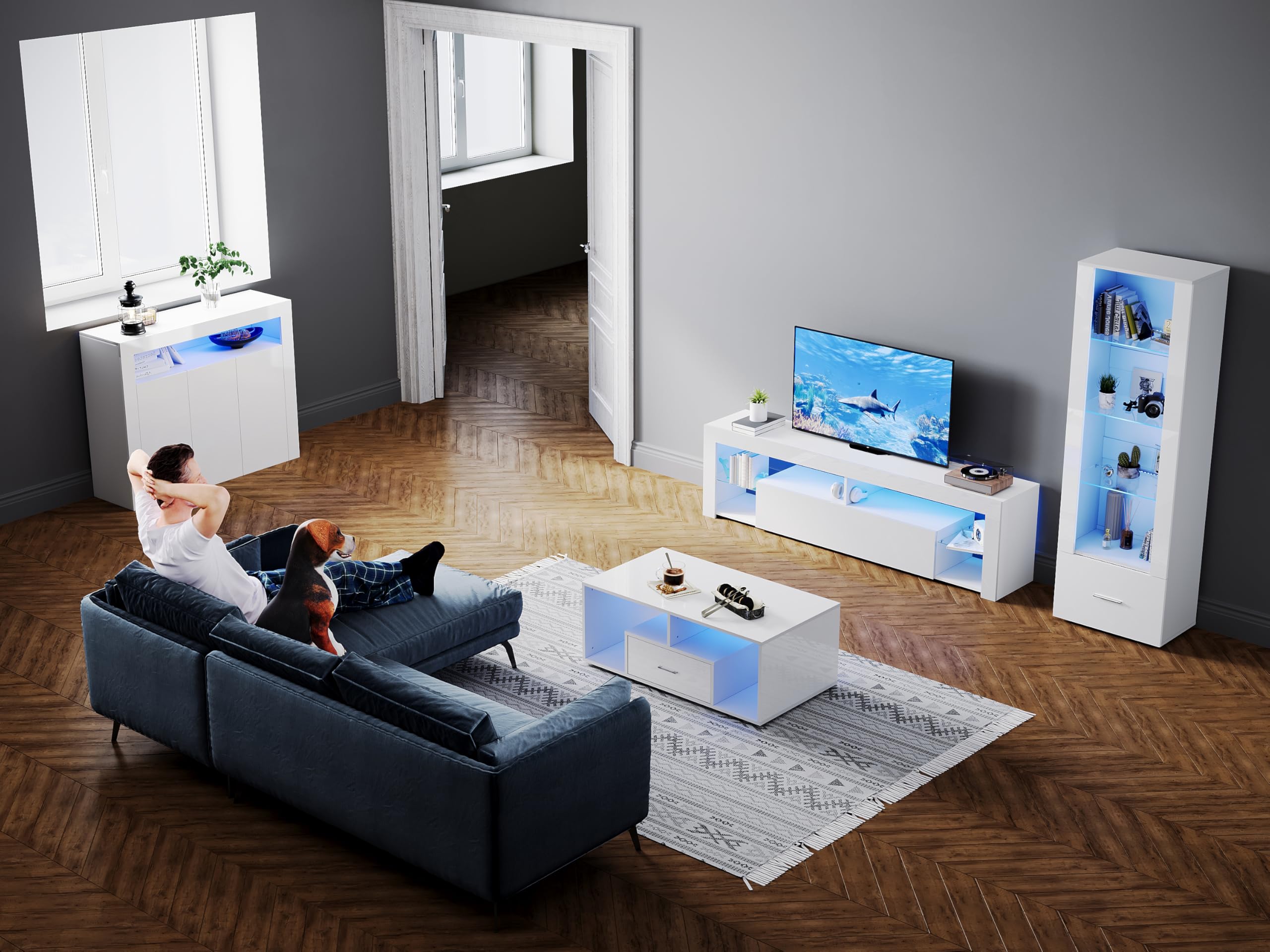 SONNI Meuble TV moderne de 160 cm, blanc brillant avec éclairage LED, tiroir, étagères en verre ouvertes, pour TV jusqu'à 65" salon et chambre à coucher, 160 x 35 x 45 cm