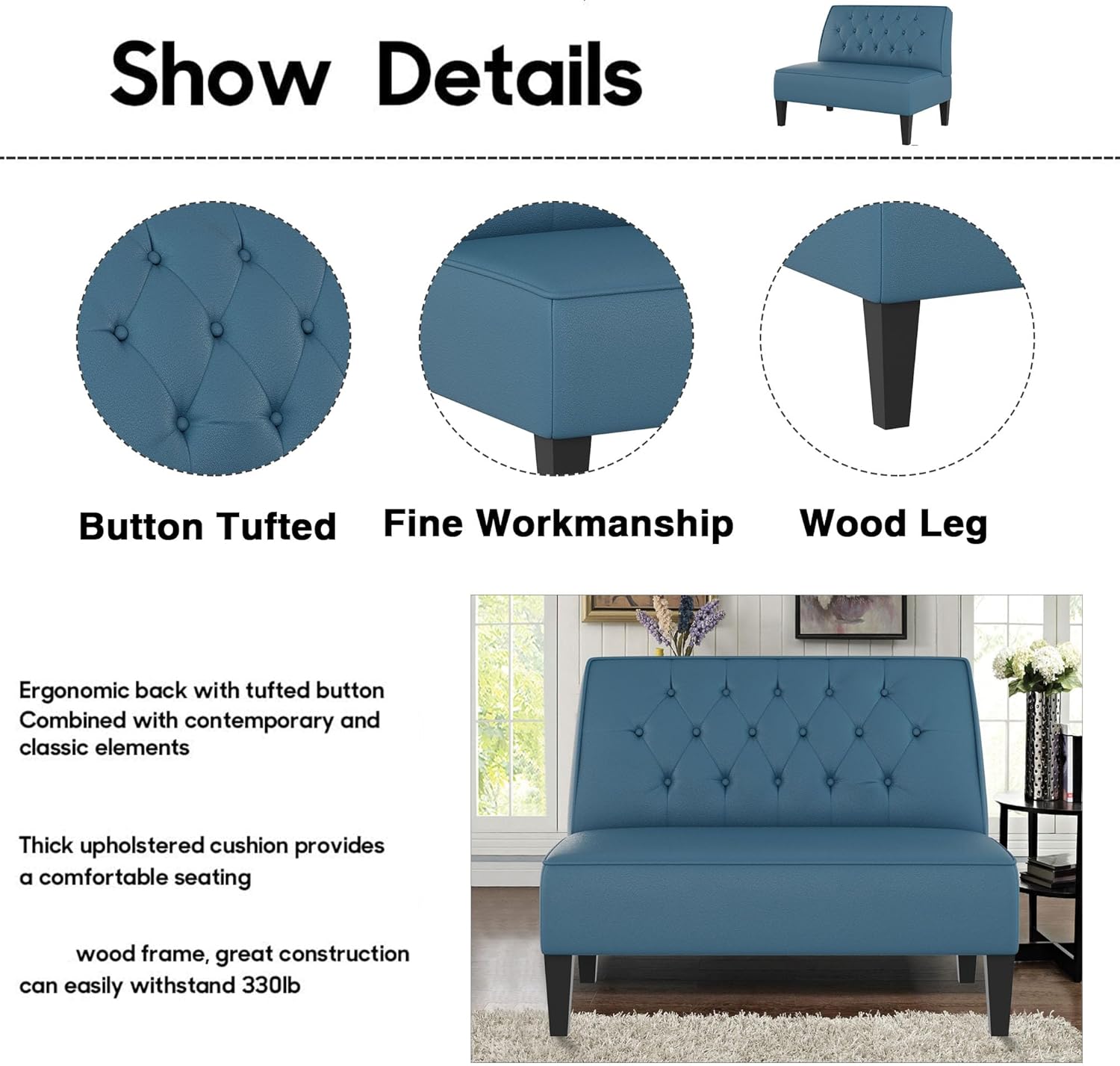 Alunaune Upholstered Blue Loveseat Bench Couch for Bedroom, Modern Cushioned Armless Settee Small Love Seat Sofa Faux Leather Living Room Couch