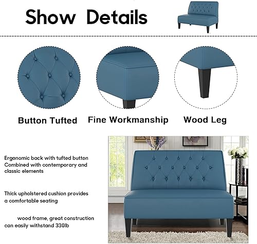 Miniatura 6 de Alunaune - Sofá de dos plazas tapizado en azul para dormitorio, sofá banco de estilo moderno sin brazos con cojines, sofá pequeño de estilo loveseat