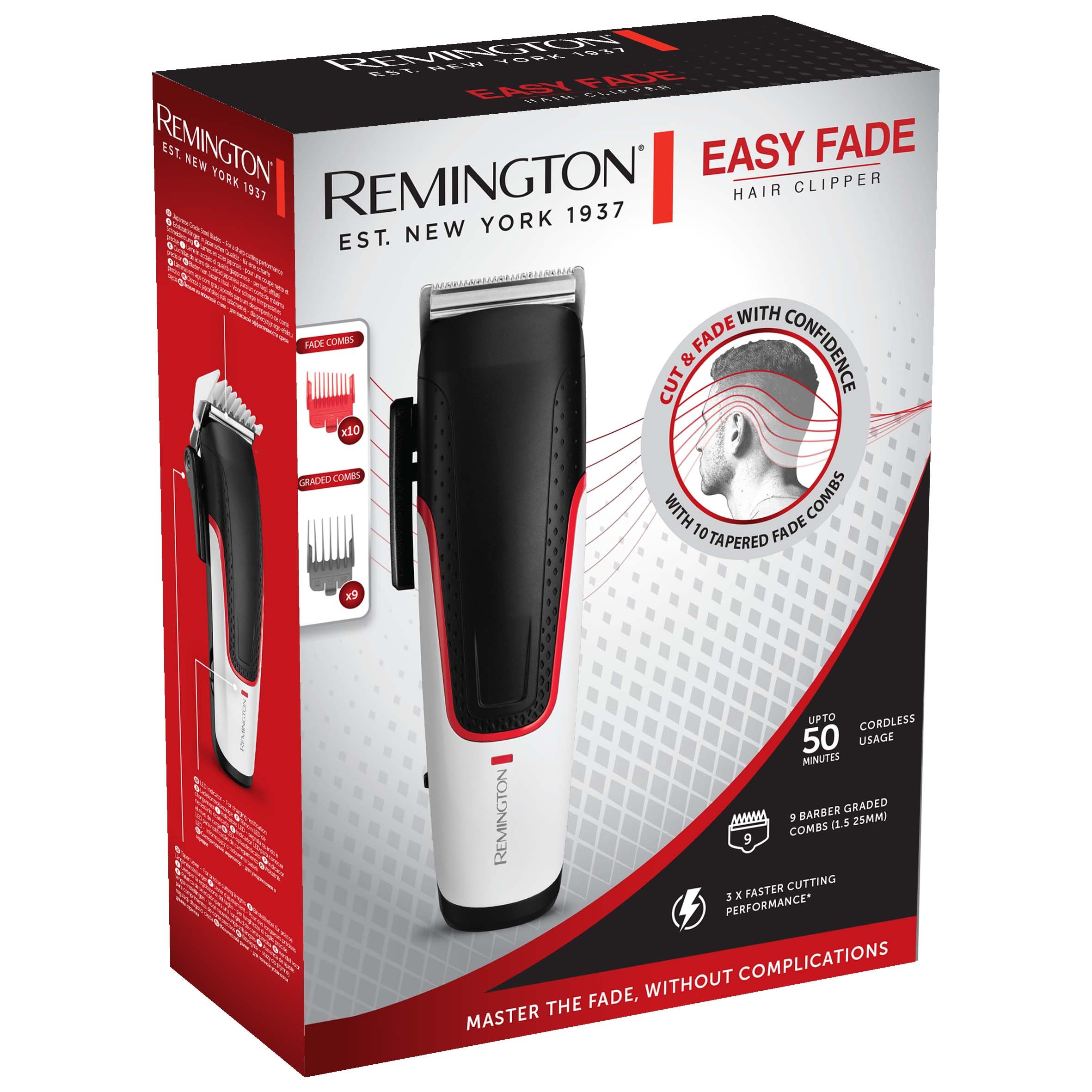 Remington Tondeuse Cheveux [Spécial Dégradé] Easy Fade(Lames en Acier Auto Affutées,Ultra Rapide, 21 Sabots 1,5-25mm: 9 Coupe fixe + 10 Coupe dégradée + 2 pour oreilles,Sans fil-50 min,Pochette) HC500