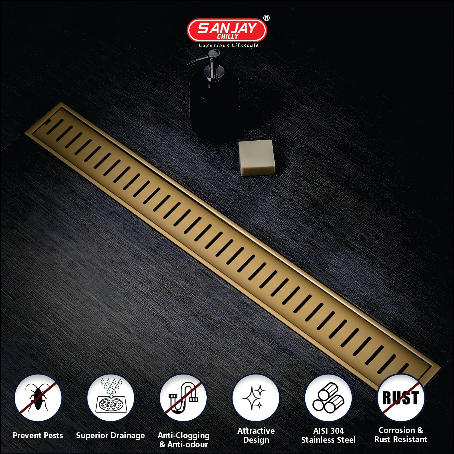 SANJAY CHILLY Classic Shower Channel Drainer Colour Collection Floor Drain with Cockroach Trap & Collar SS 304 Grade Washroom Gratings Drain Strainer (Brushed Bronze 24 x 4 INCH Side Hole) 3