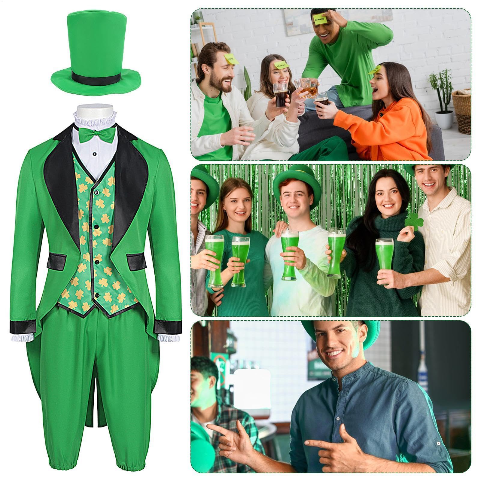 St. Patricks Day kostium kostiumowy, kostium Świętego Patryka dla mężczyzn – męski irlandzki zielony kostium kostiumowy, przebranie cosplay z mieszanej tkaniny poliestrowej na pokazy sceniczne