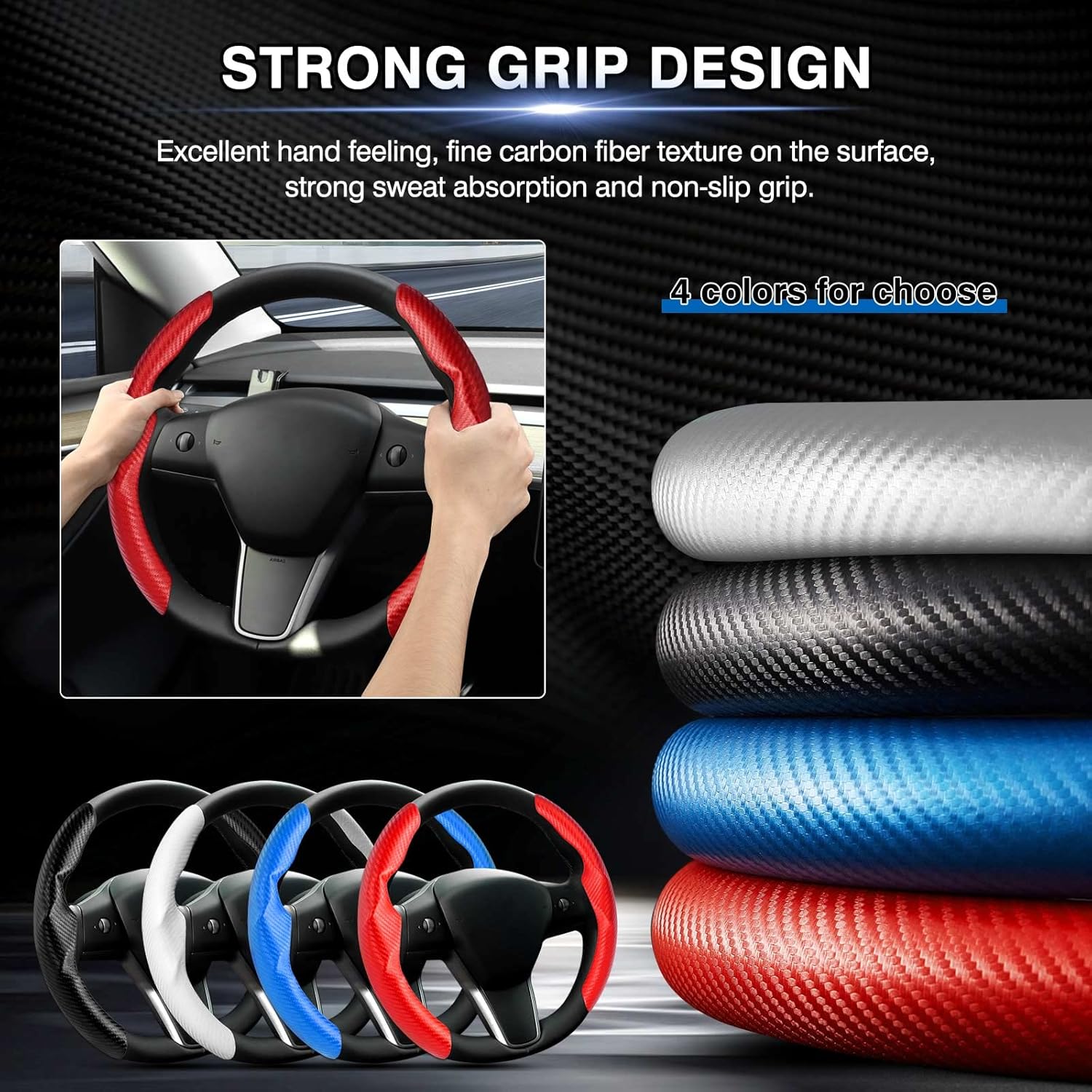 Steering Wheel Cover for Telsa Model 3/Model Y Accessories Carbon Fiber Steering Wheel Cover Protector Anti-Slip, Comfortable Grip, Breathable, Model 3/Y Accessories, Red - Image 5