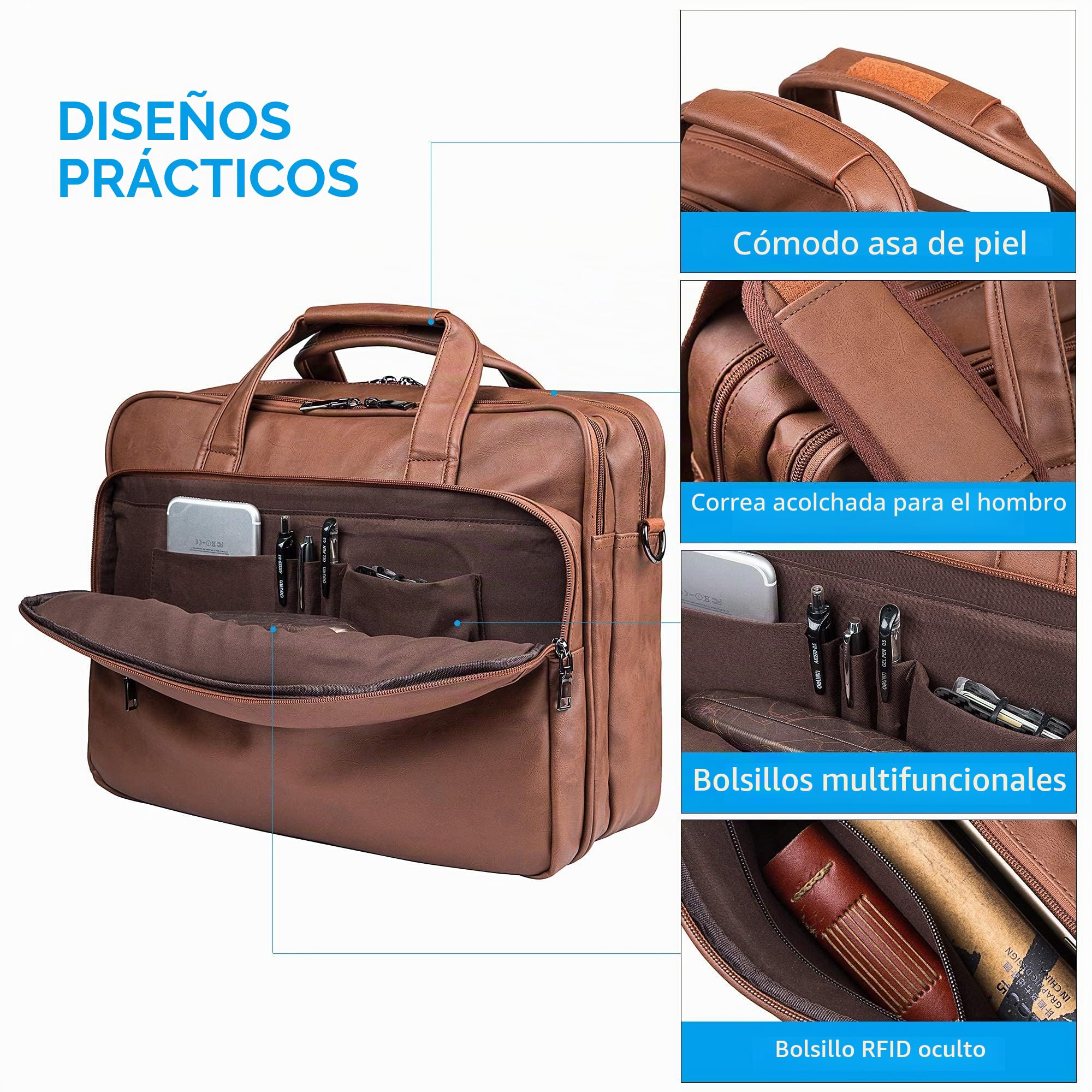 seyfocnia Bolso de cuero para ordenador portátil para hombre, 15.6 pulgadas, 17.3 pulgadas, maletín de negocios, bolso de hombro para computadora
