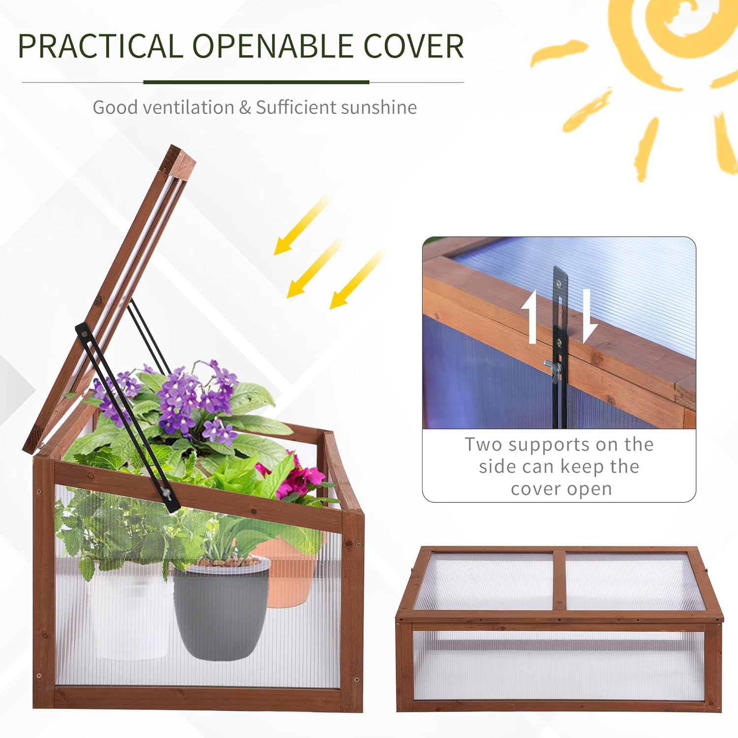 Outsunny 39" x 26" x 16" Wooden Cold Frame with Openable and Tilted Top Cover, Small Polycarbonate Planter Box for Flowers, Vegetables, Plants, Brown - Image 5