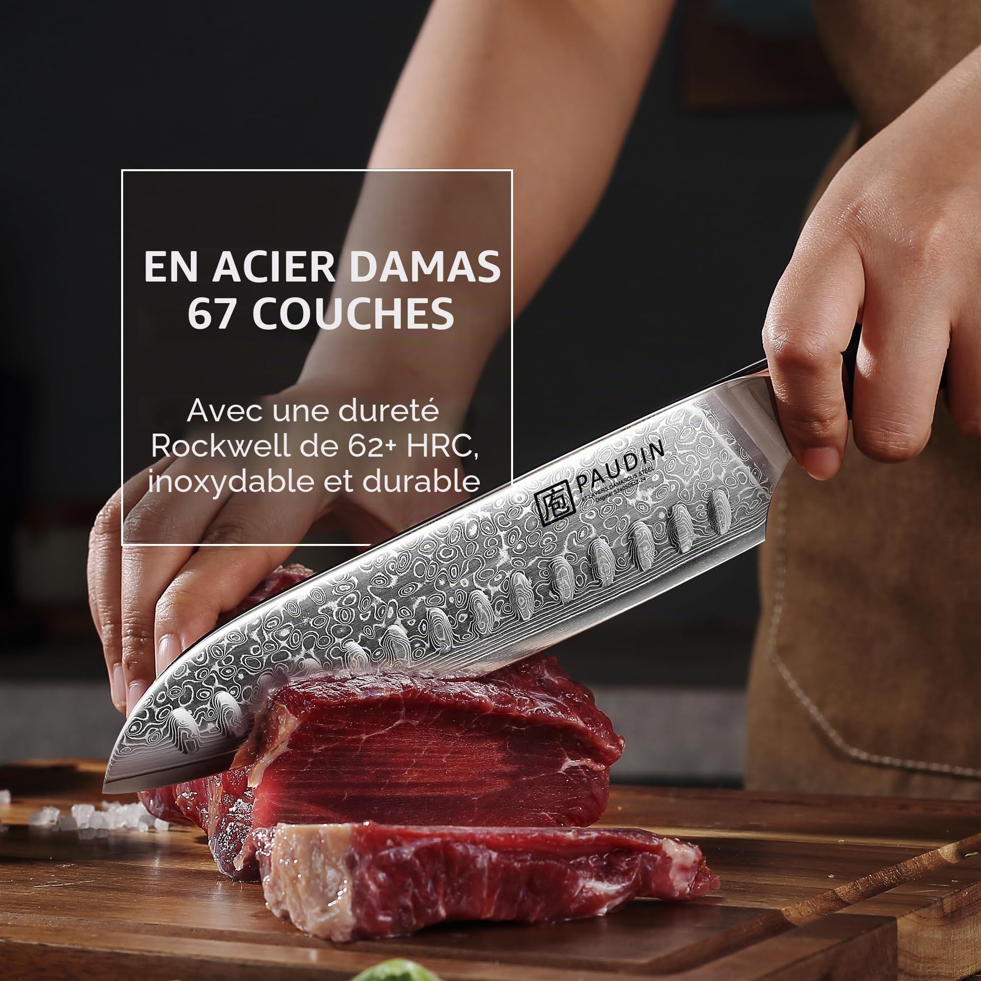 PAUDIN Couteau Santoku Damas 17 cm, ultra tranchant 67 couches en acier Damas VG10, couteau de cuisine professionnel avec manche ergonomique G10