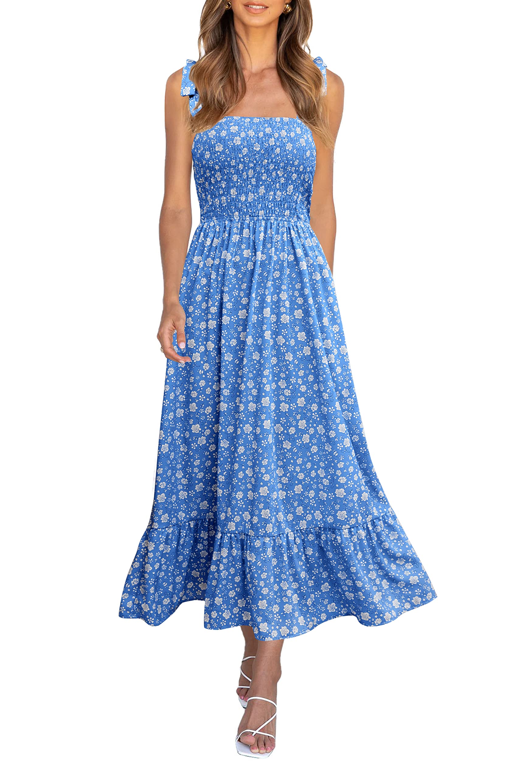 Imily Bela Womens Summer Smocked Maxi Dresses Floral Boho Beach Sundress | Spaghetti Strap, A Line, Square Neck, Tie Shoulder, Ruffle, Vacation, Picnic, Swing, Long Midi Dress