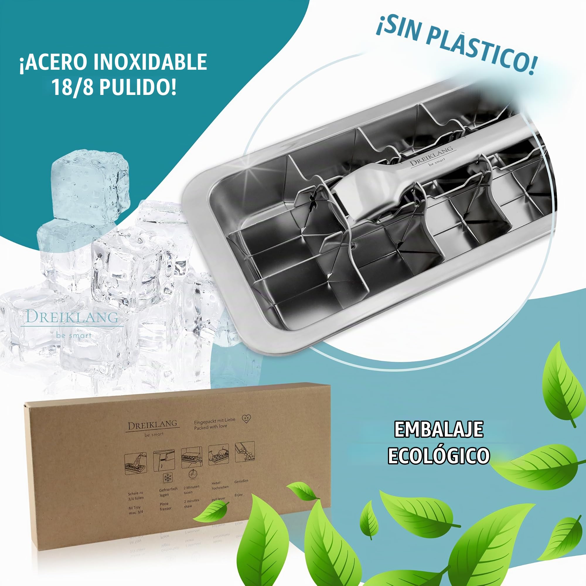 Dreiklang - be smart Cubitera Acero Inoxidable Set de 2 18/8 pulido con Palanca – Molde Hielo sin plástico & alimentario para 36 cubitos Ice Cube