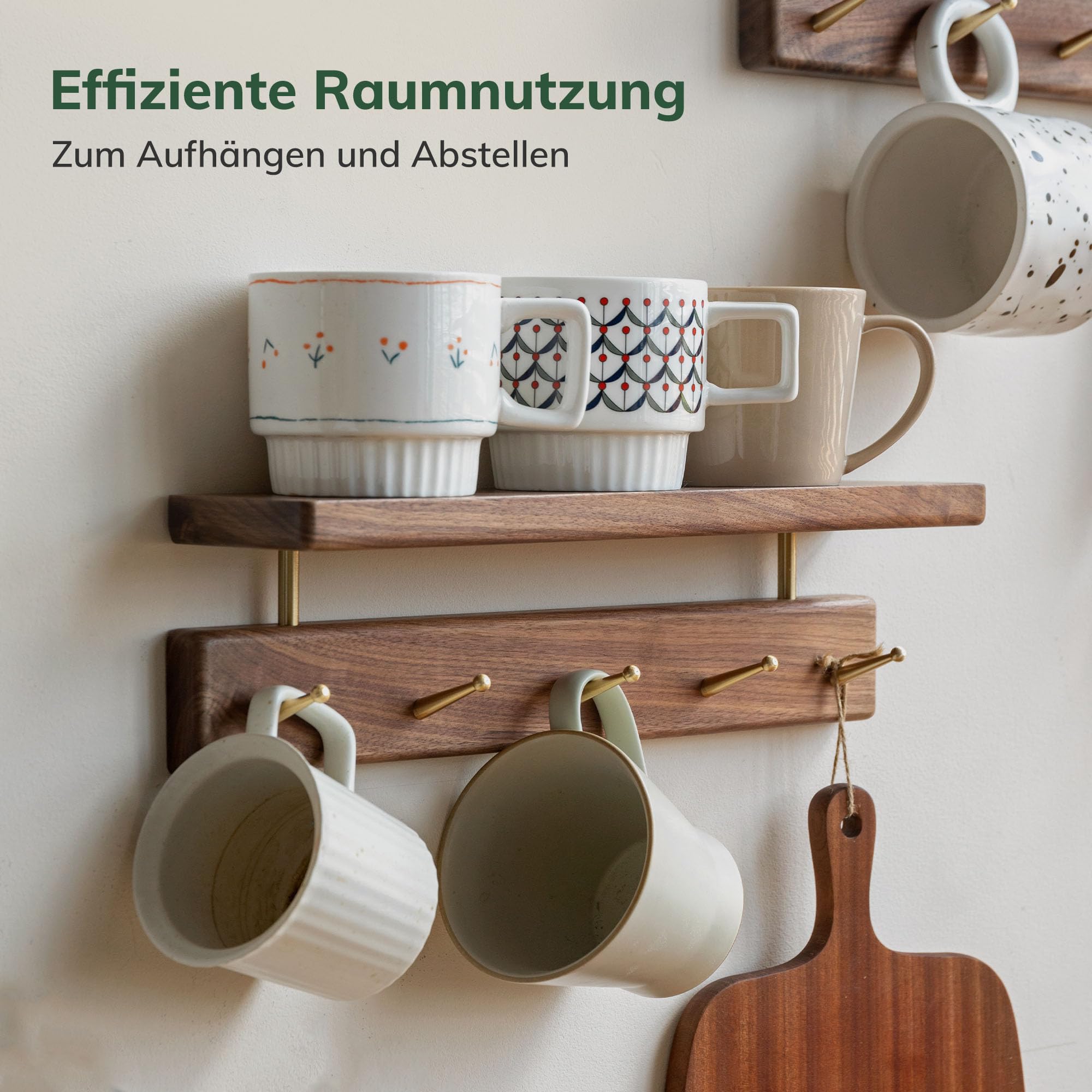 YESWOOD Wandgarderobe aus massivem Nussbaum, 2-in-1 Wandregal & Garderobe, Garderobenleiste für Kleidung, Hüte und Handtücher, 5 Messinghaken, Walnuss