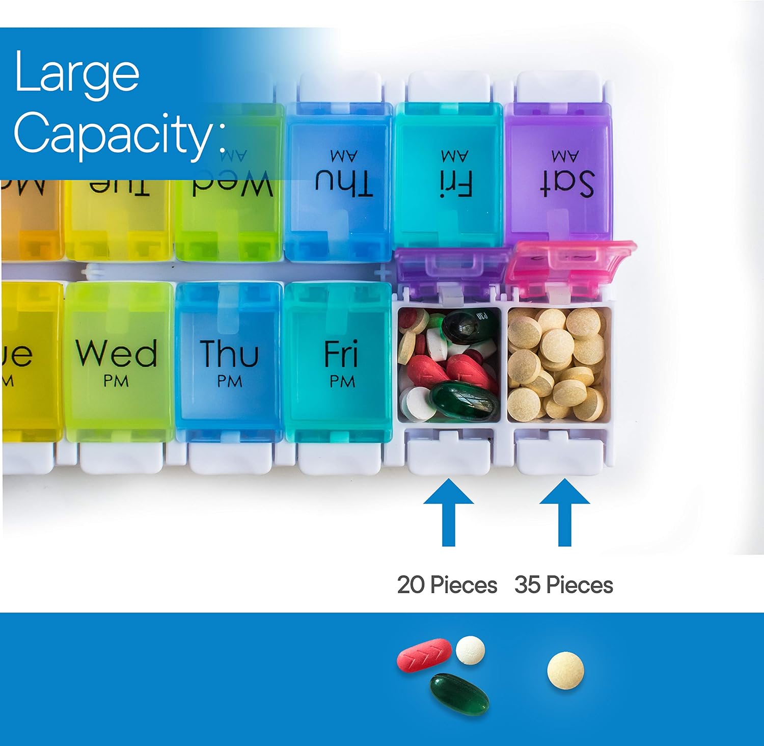 RMS Weekly and Daily Pill Organizer - 7 Day Pill Planner, Dispenser Case for Medication, Vitamin Supplements with Easy Press Open Design and Large Capacity (Twice Per Day)