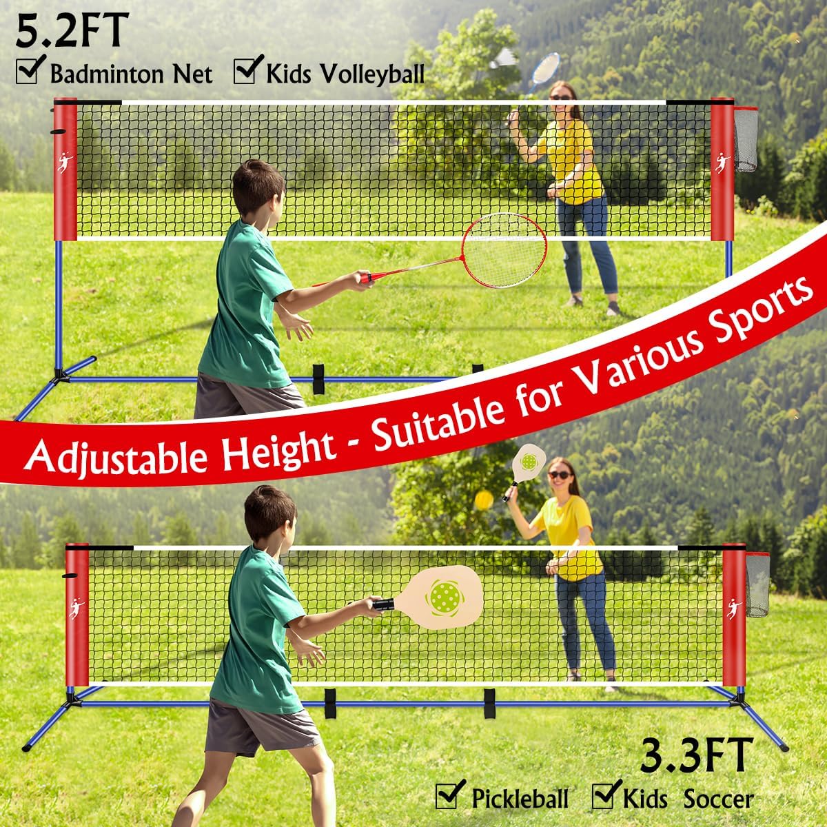 Pickleball Badminton Net Set for Backyards, All-in-One Portable Volleyball Combo Set with Adjustable Net, Volleyball Pickleball Paddles & Badminton Rackets for Indoor Outdoor red blue 10FT image 3 of 8 B0CSK28XJR