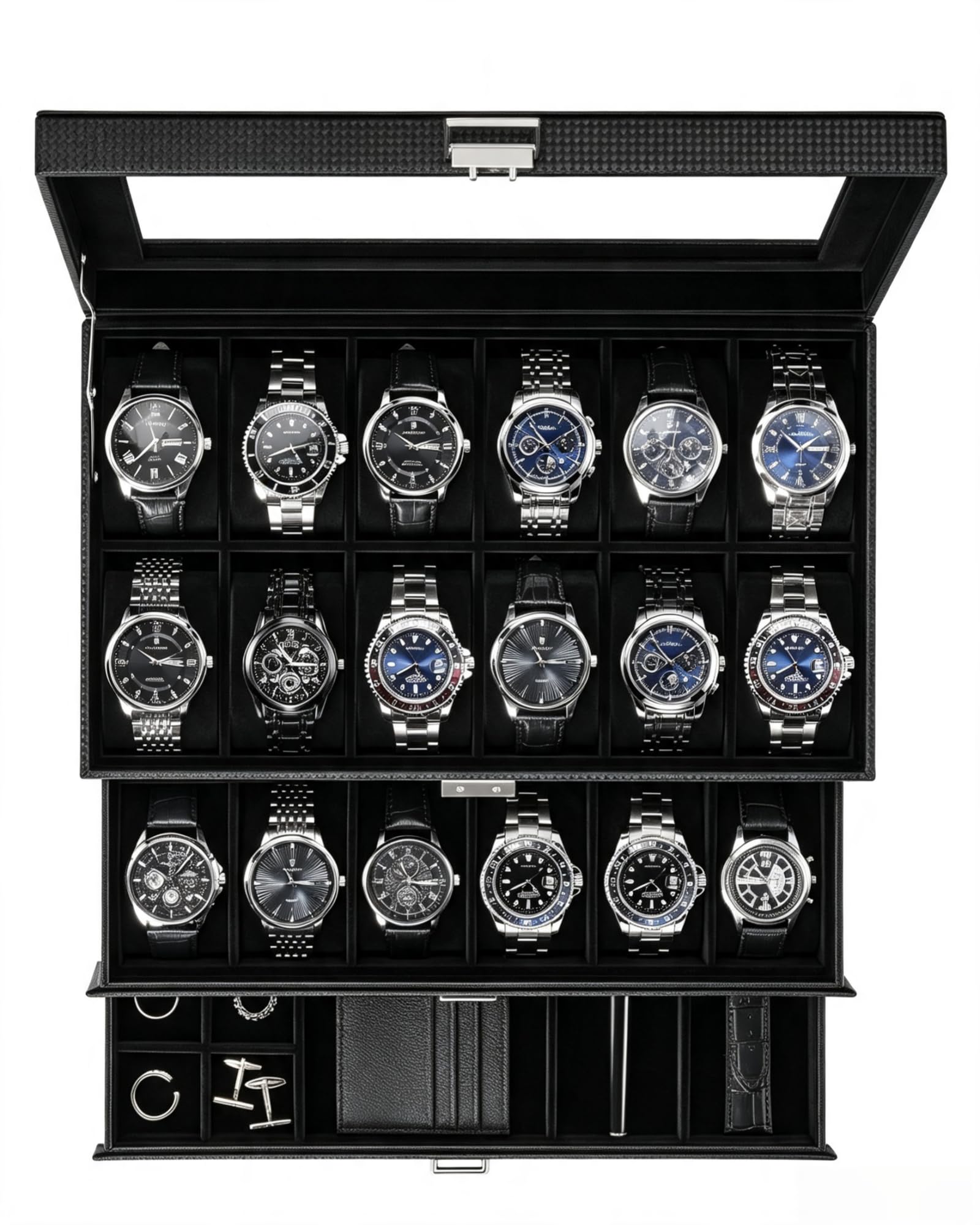 Lolalet Caja para Relojes con 24 Ranuras, 3 Niveles -Negro Puro