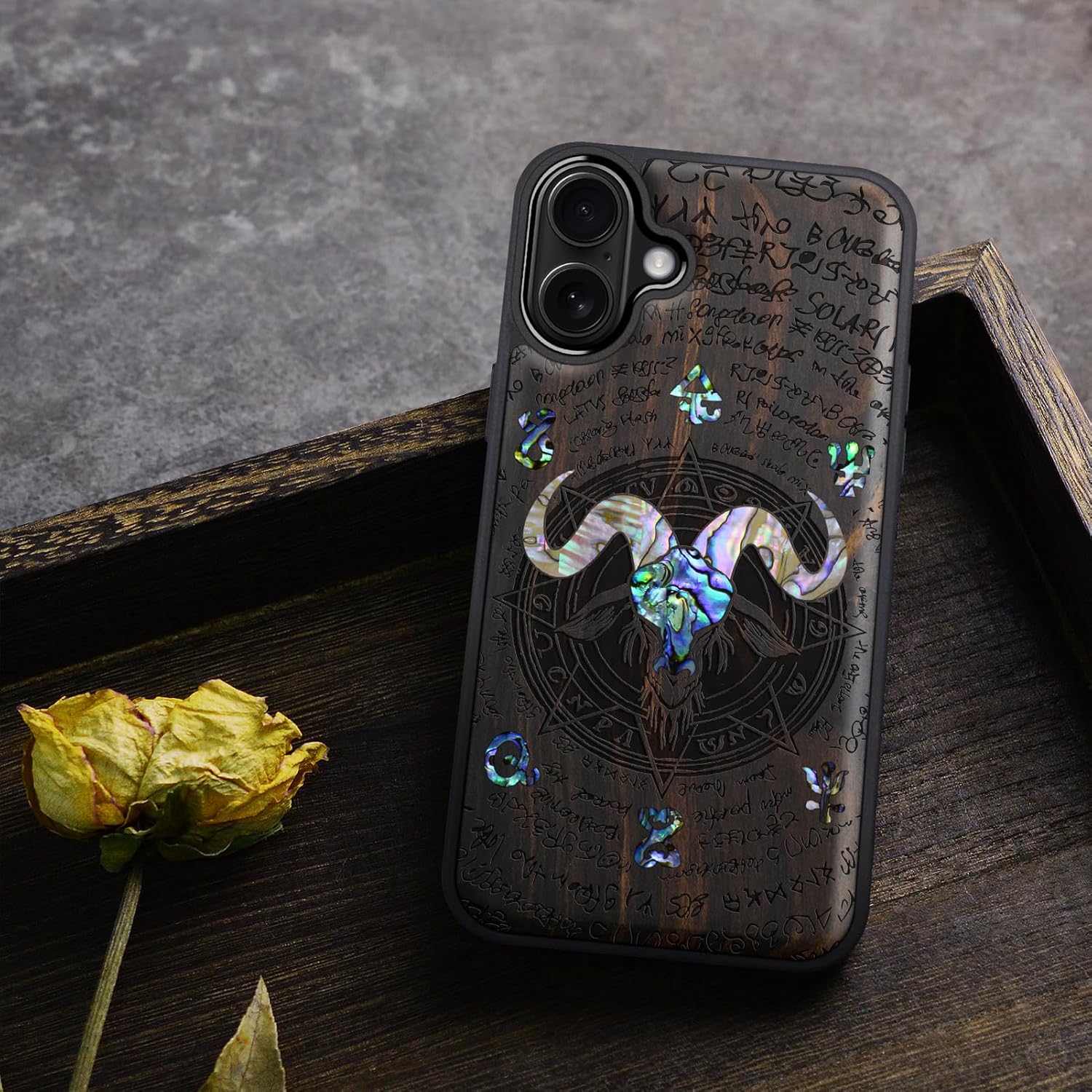 Carveit Magnetic Wooden Case for iPhone 16 Case, Wood Artisan Engraved & Handmade Shell Inlaid, TPU Shockproof Cover, Compatible with MagSafe Wireless Chargers (Horned Goat) Blackwood
